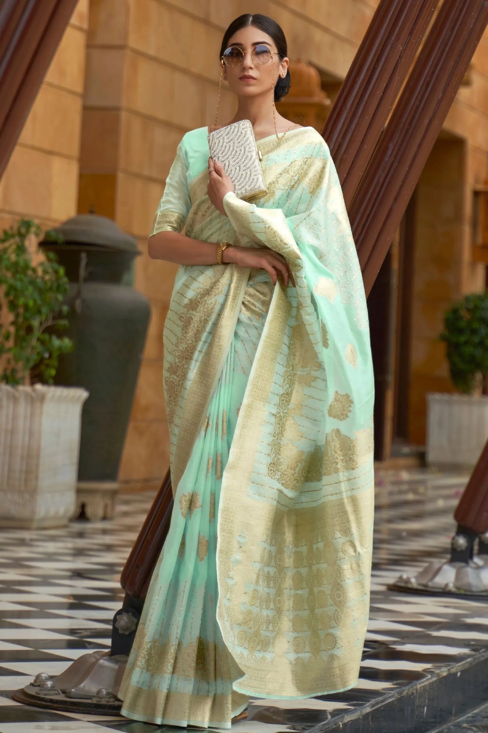 Mint Green Sequins Work Modal Saree