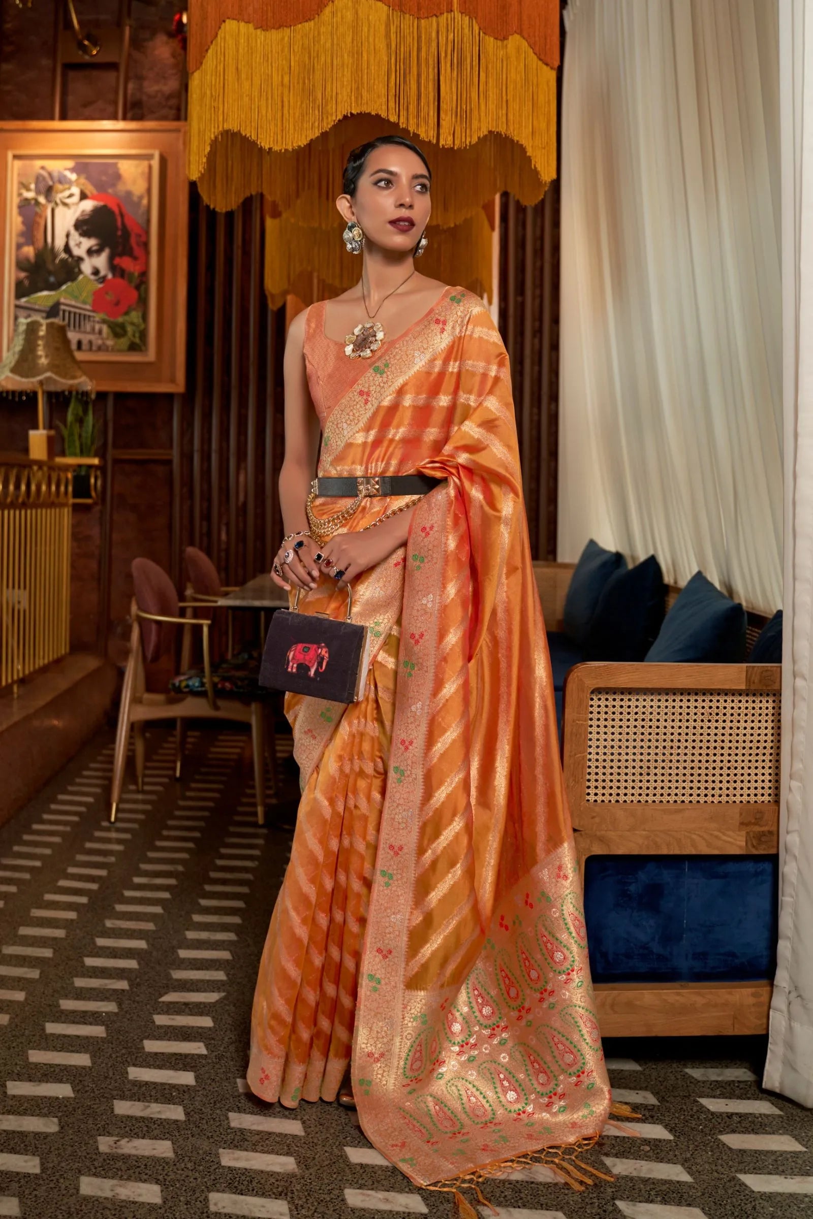 Orange Meenakari Weaving Organza Saree