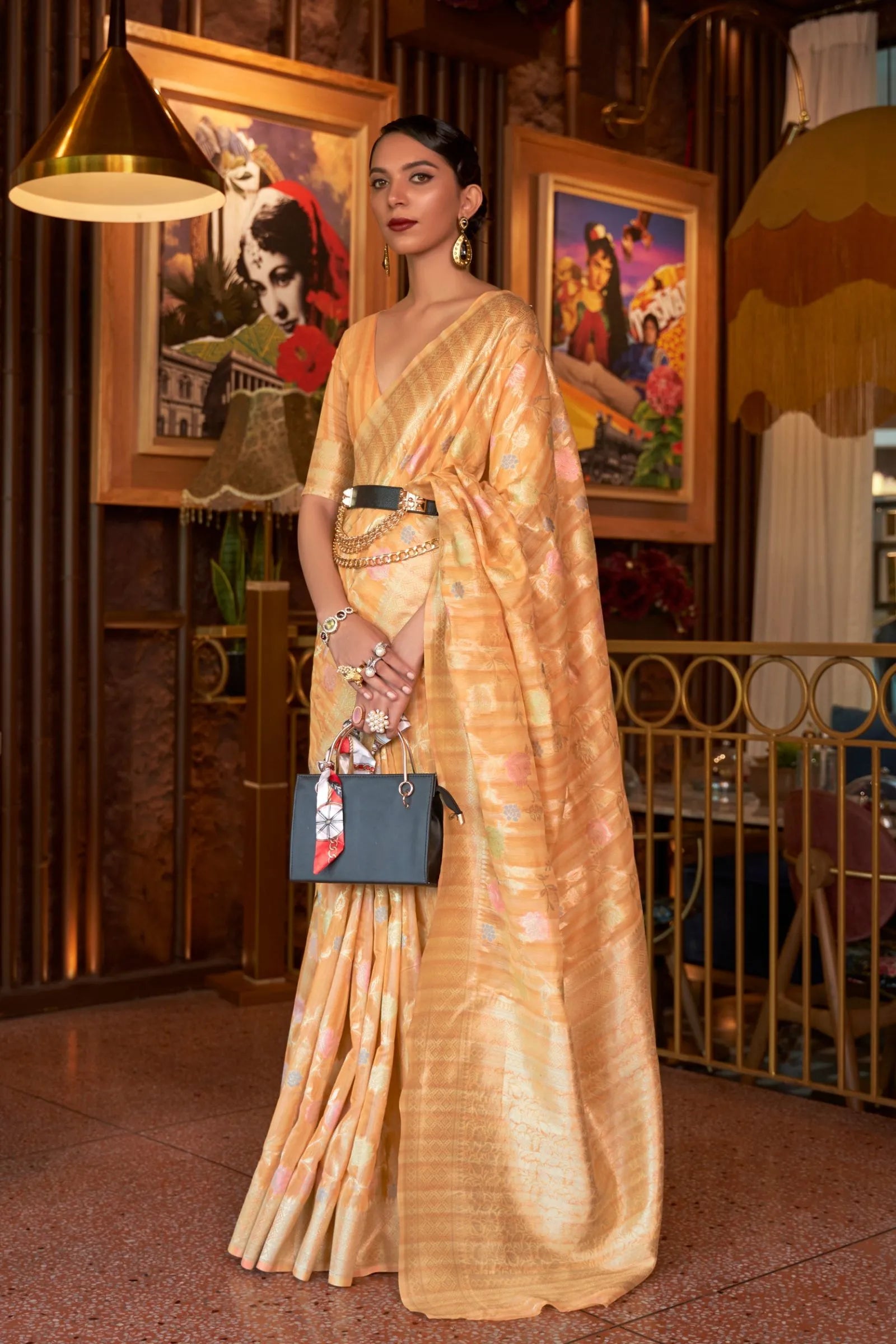 Light Orange Floral Pattern Linen Saree