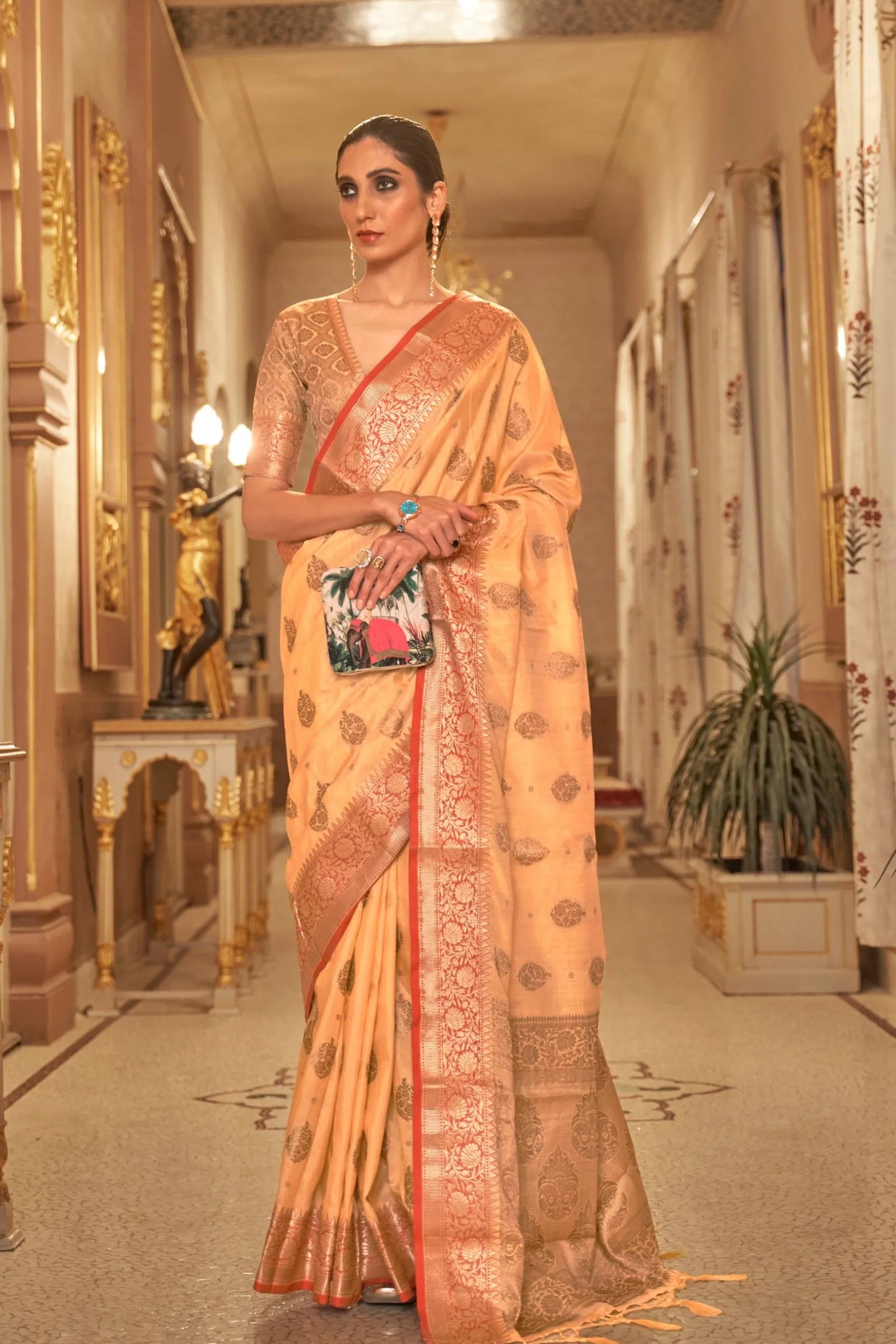 Tangerine Zari Woven Tussar Silk Saree