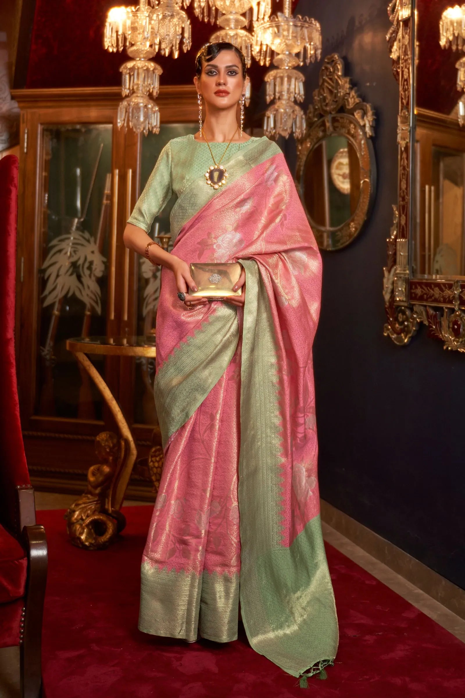 Pink with Mint Green Border Shimmer Silk Saree