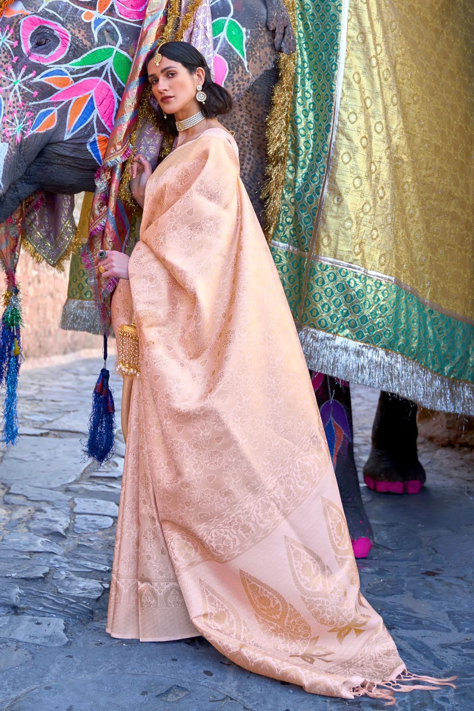 Light Peach Zari Woven Silk Saree