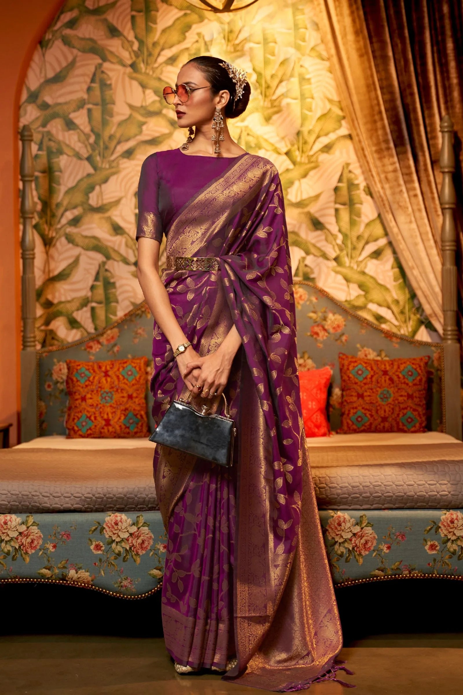 Wine Leaf Printed Chinon Silk Saree