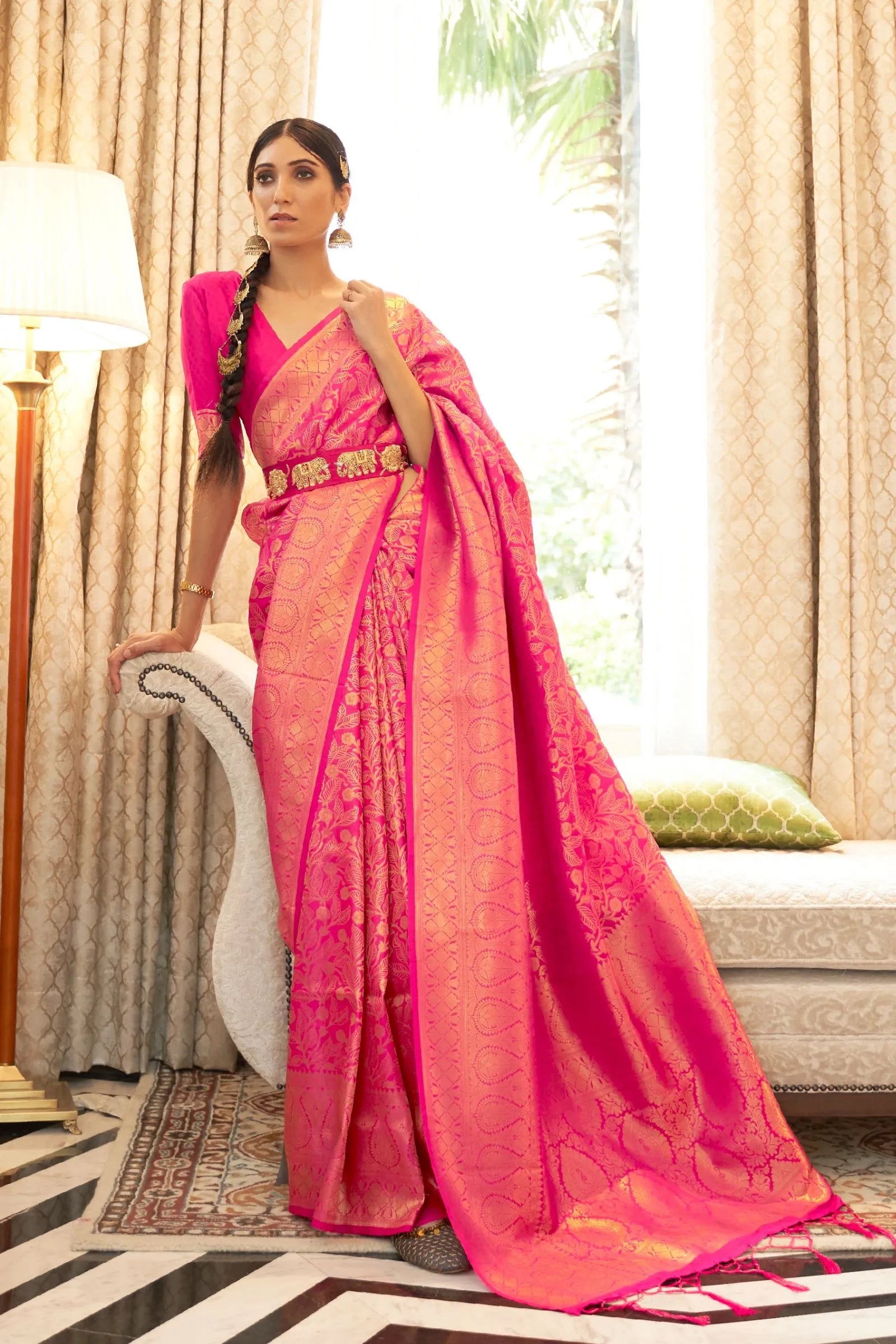 Hot Pink Zari Woven Silk Saree