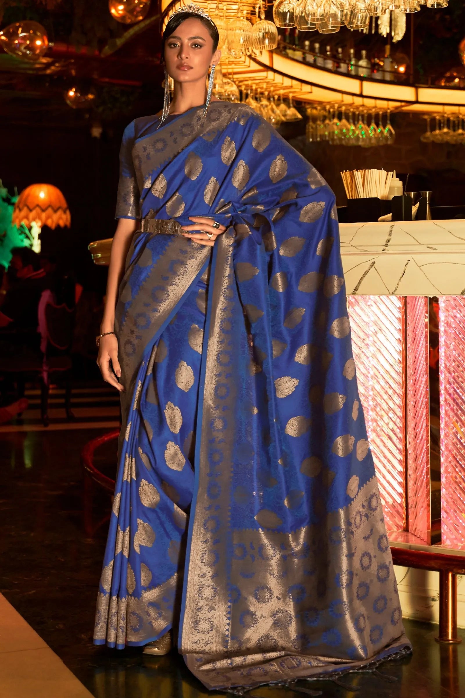 Indigo Blue Buti Work Silk Saree