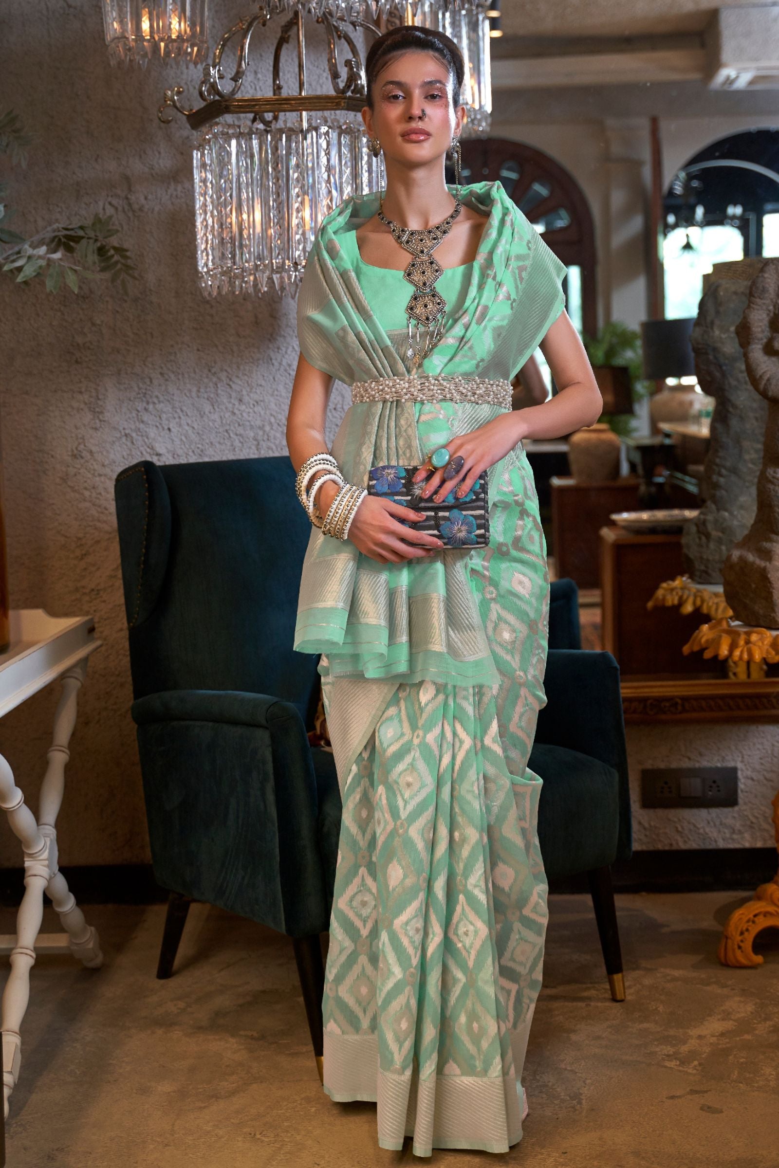 Mint Green Zari Woven Linen Saree