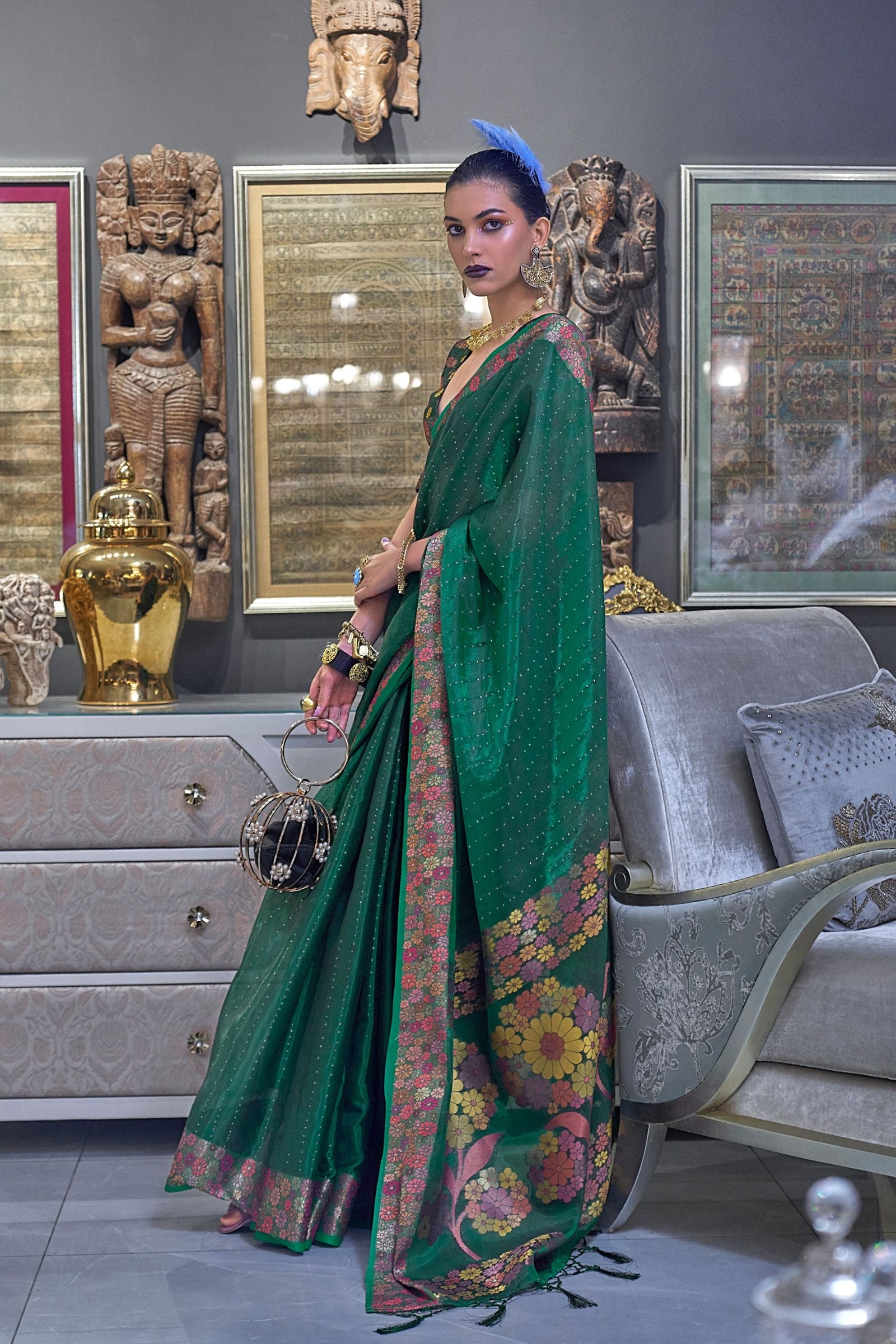 Dark Green Sequins Work Floral Border Organza Saree