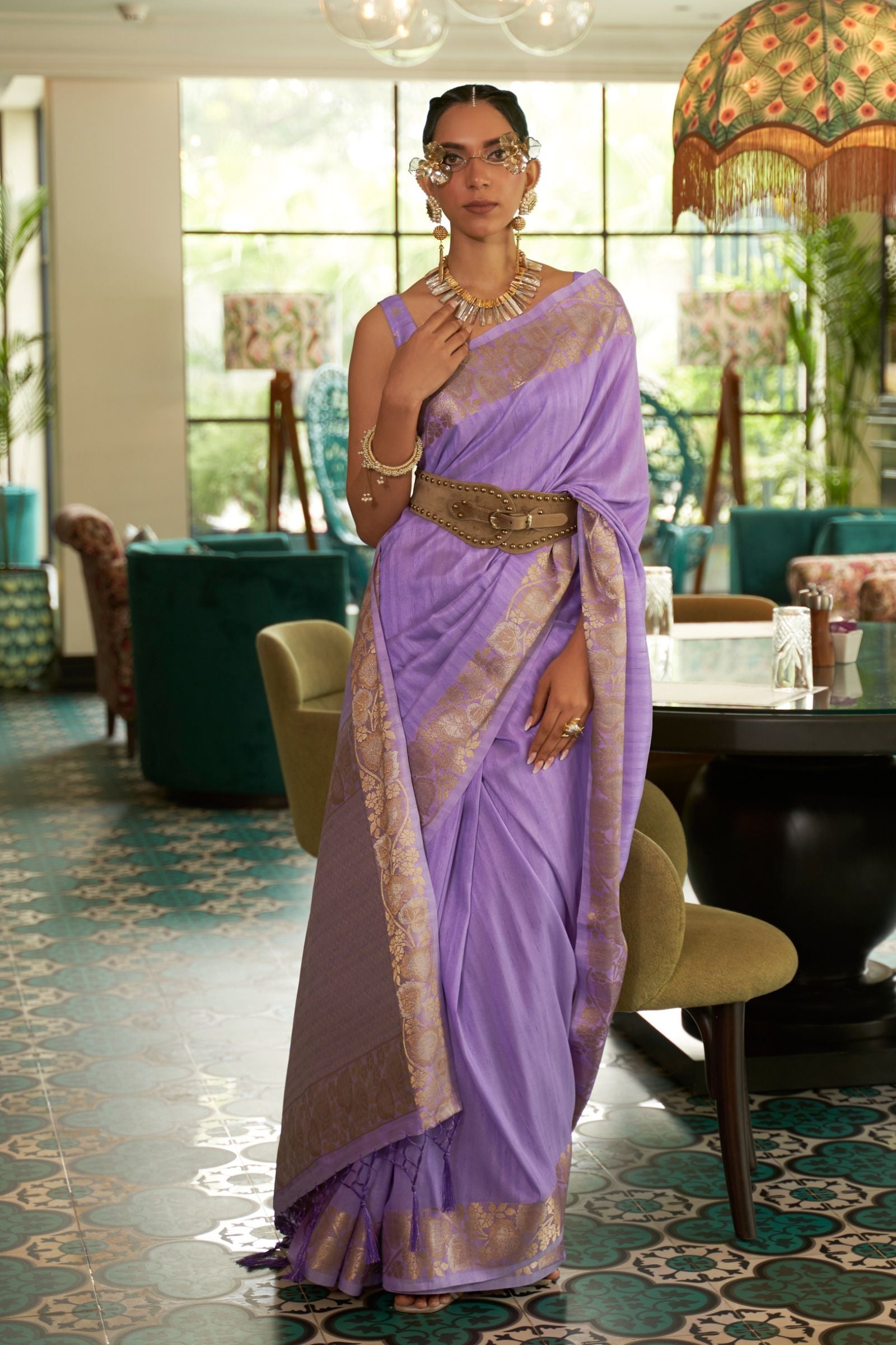 Lavender Zari Border Tussar Silk Saree