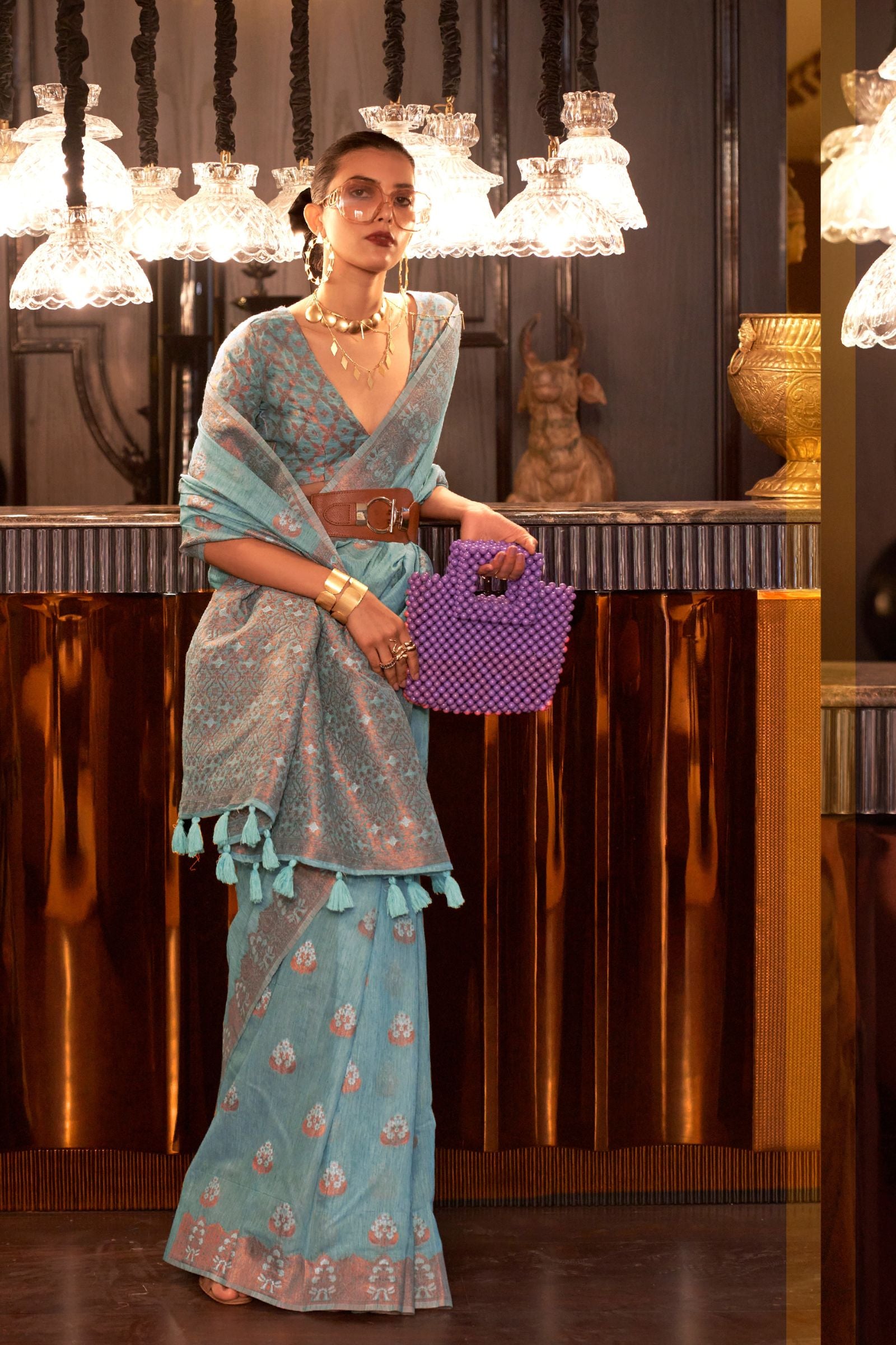 Light Blue Copper Zari Woven Linen Saree