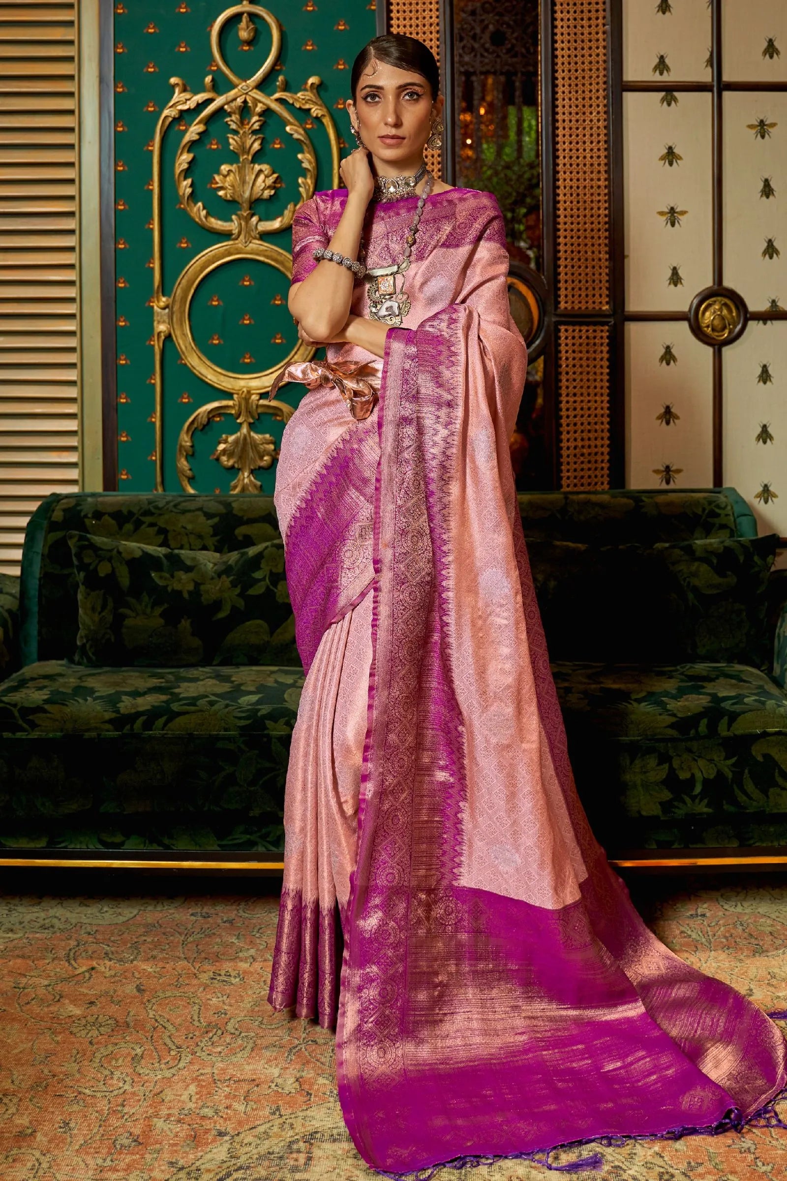 Peach Fuchsia Zari Base Silk Saree