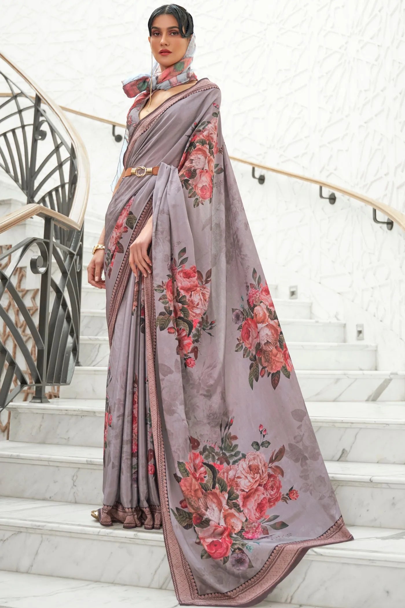 Gray Brown Kalamkari Printed Crepe Saree