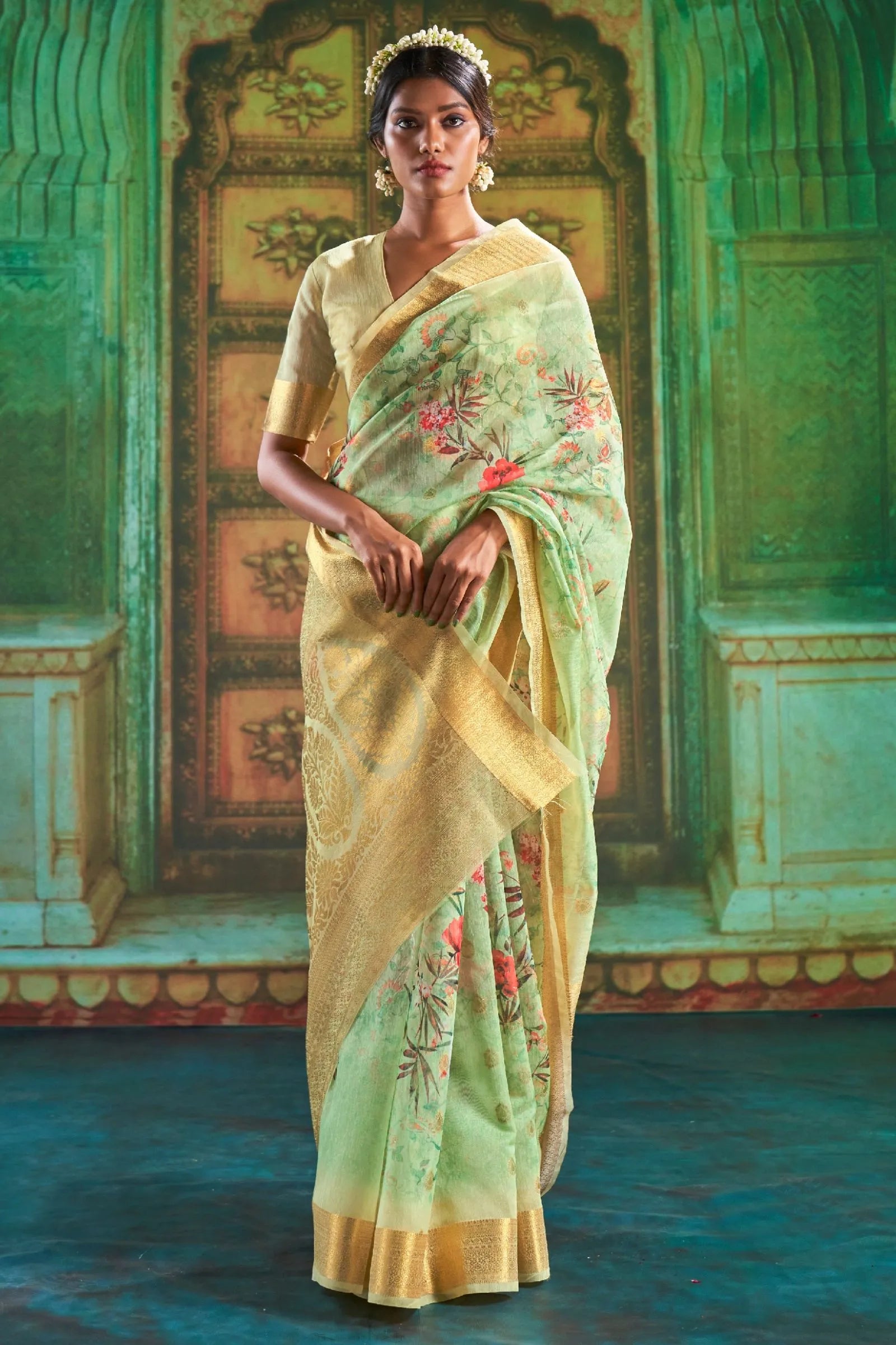 Mint Green Printed Silk Saree