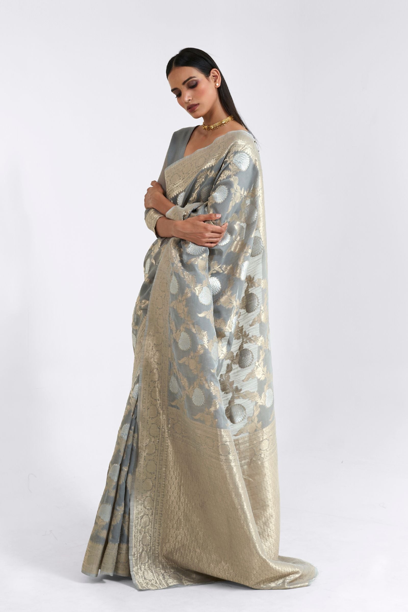 Gray Pure Linen Saree