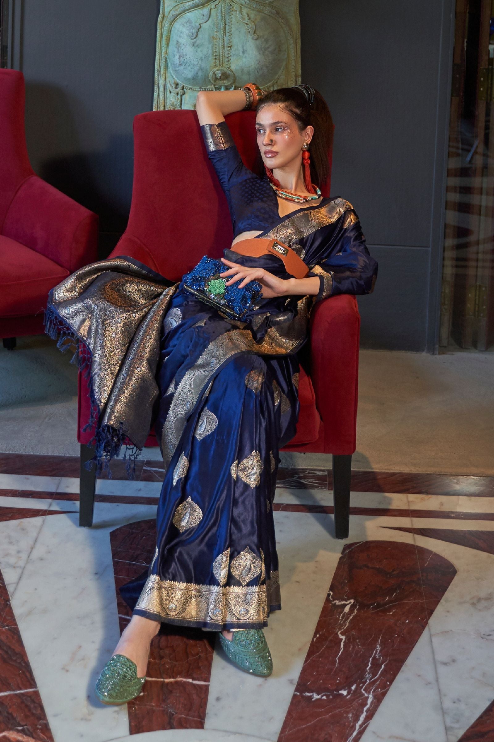 Navy Blue Zari Work Satin Saree