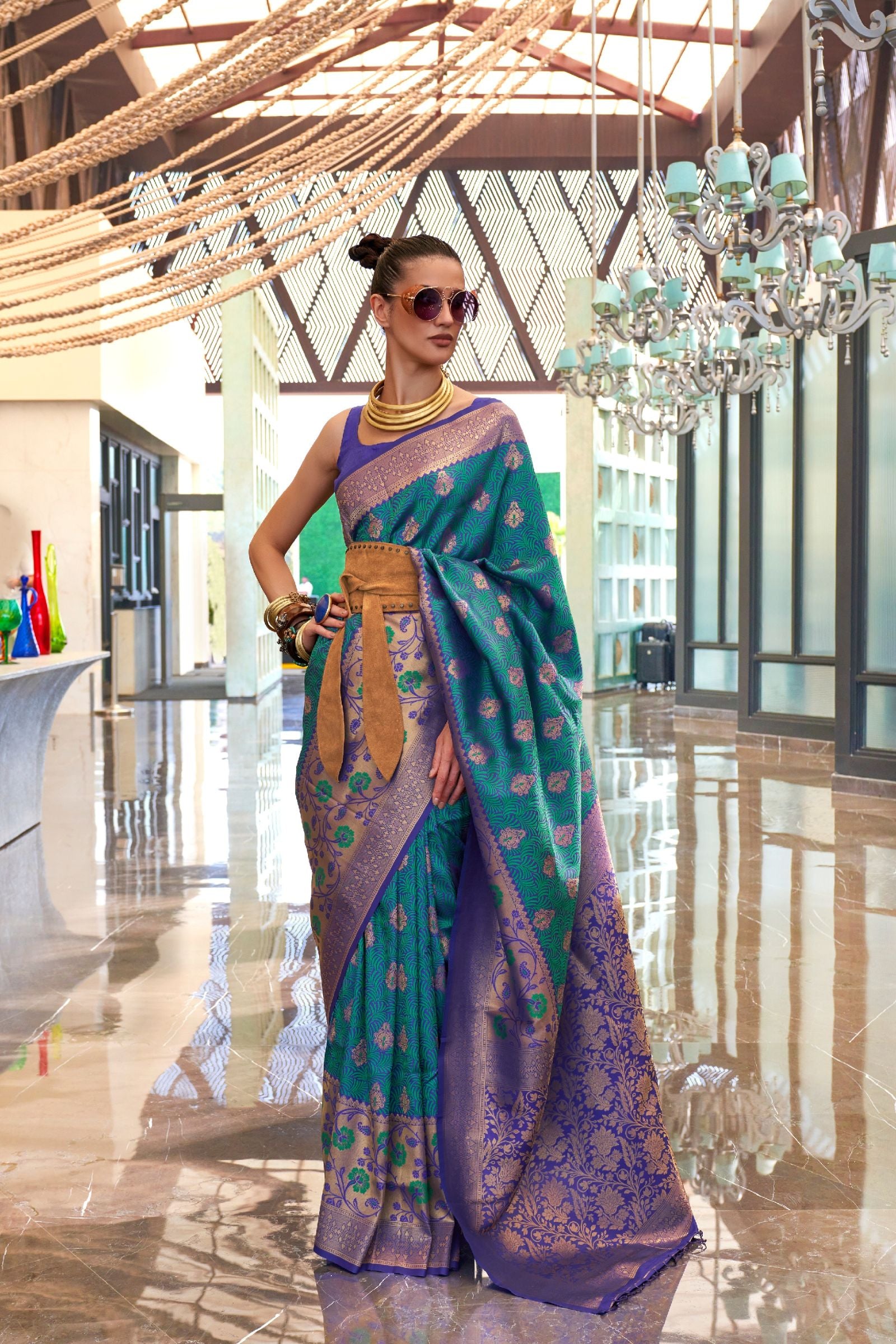 Peacock Blue Self Contrast Banarasi Saree