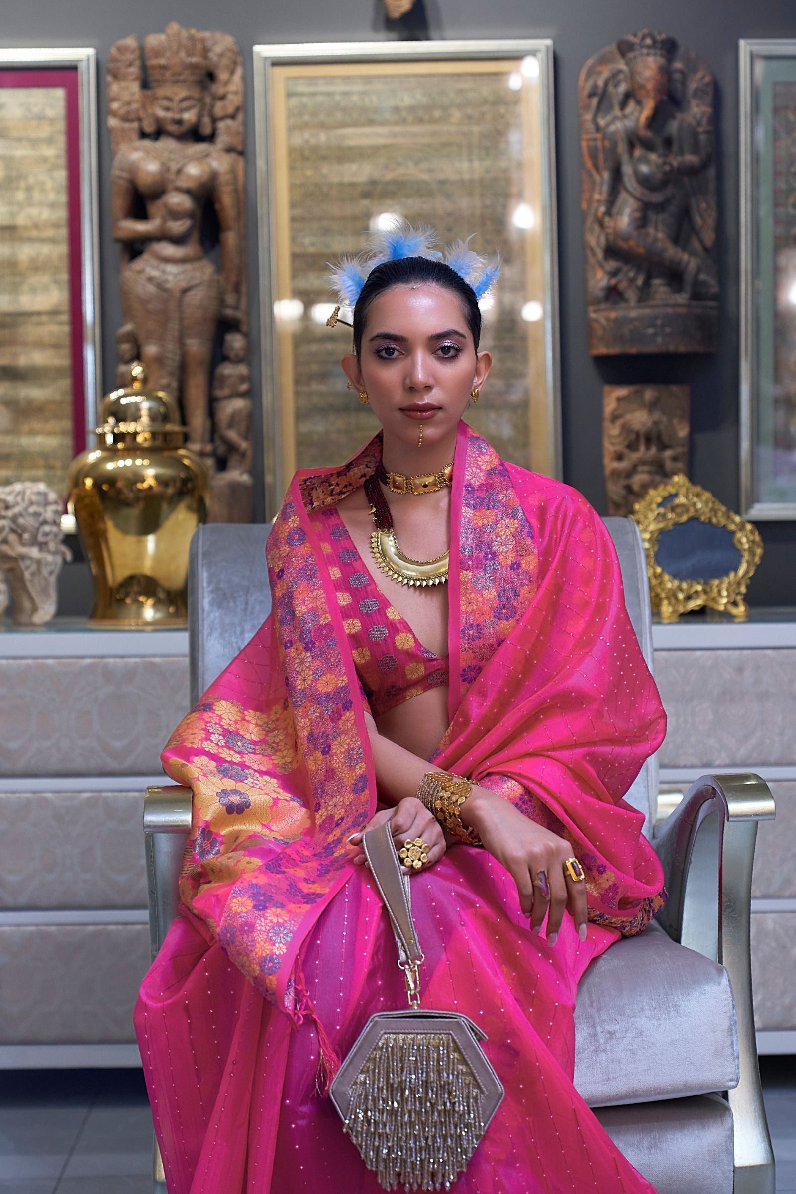 Hot Pink Sequins Work Floral Border Organza Saree