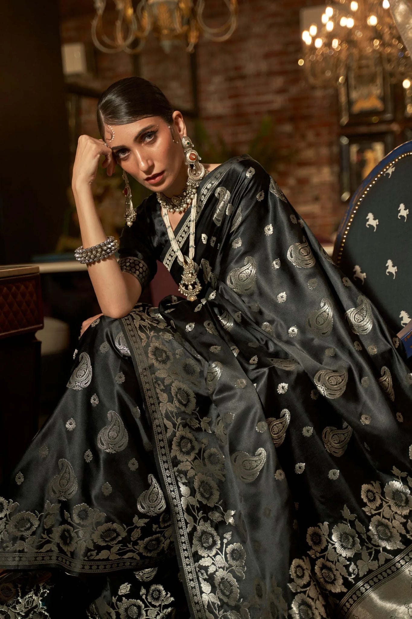 Black Designer Woven Satin Saree