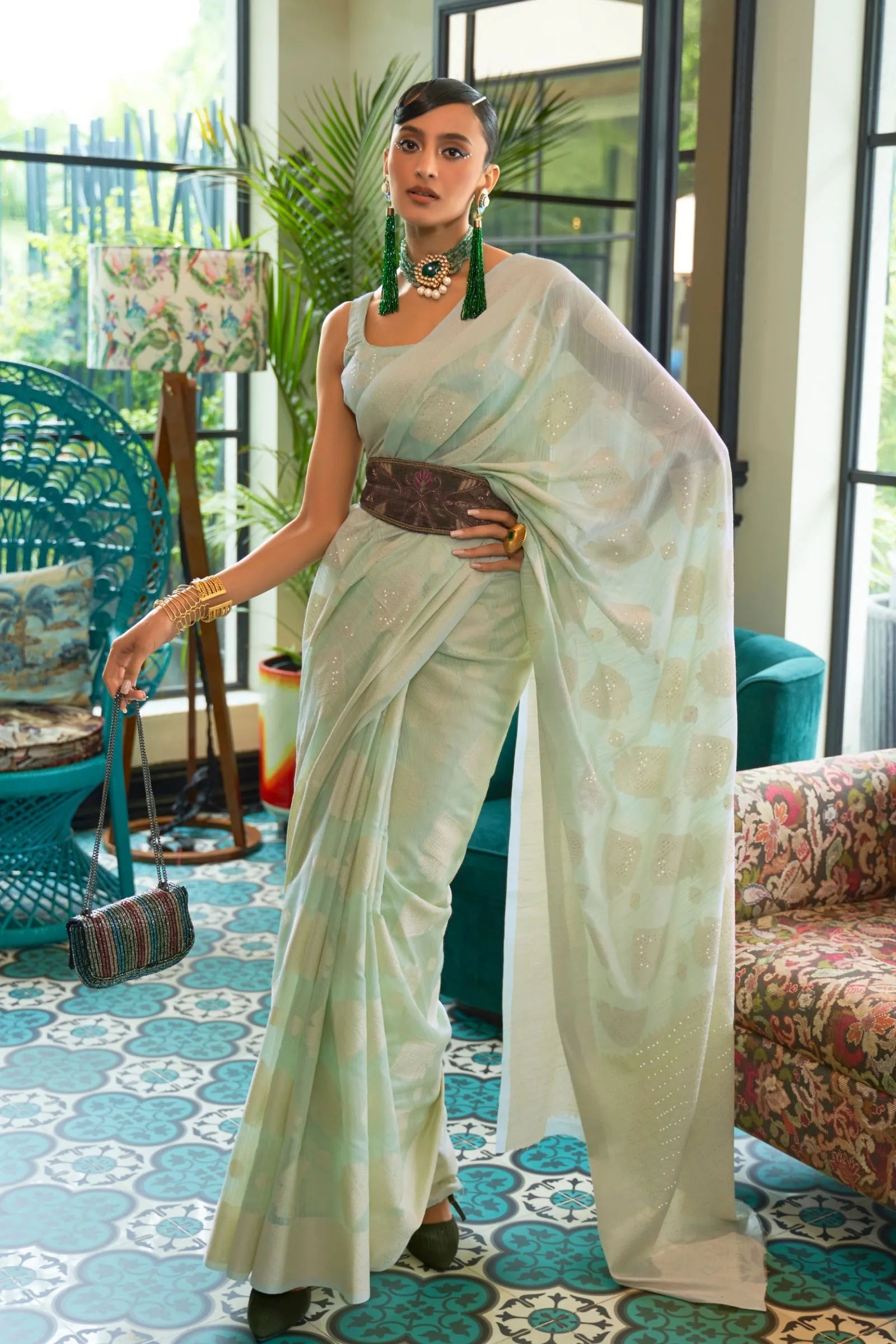 Mint Green Chikankari Sequins Lucknowi Woven Saree