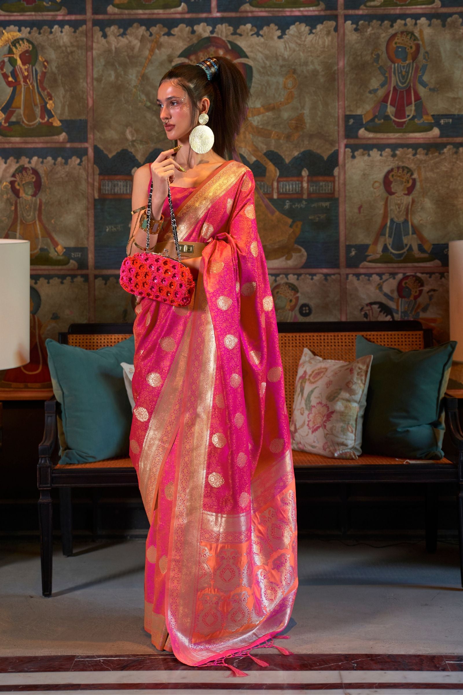 Hot Pink Pure Satin Tanchoi Saree