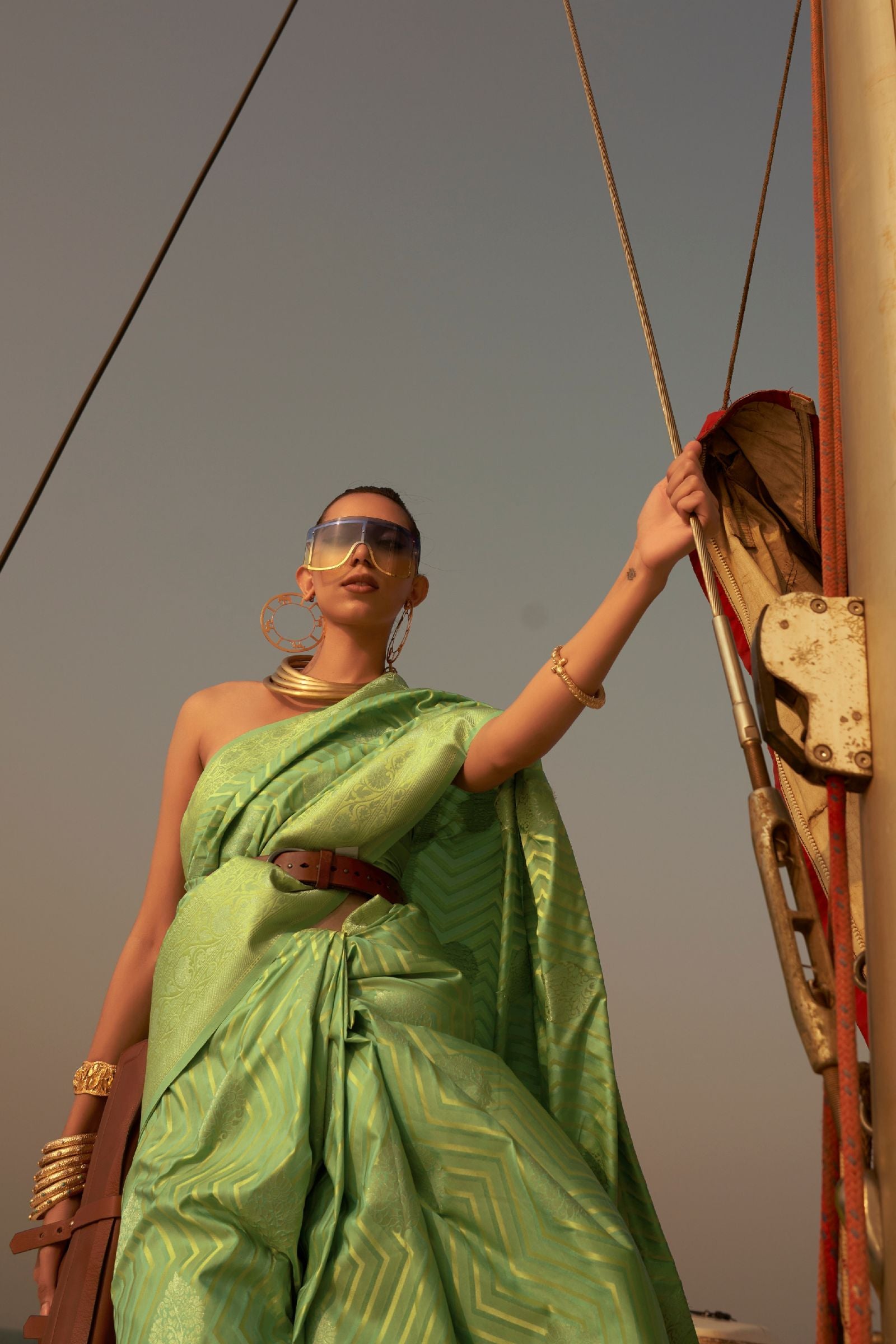 Neon Green Zigzag Zari Work Silk Saree