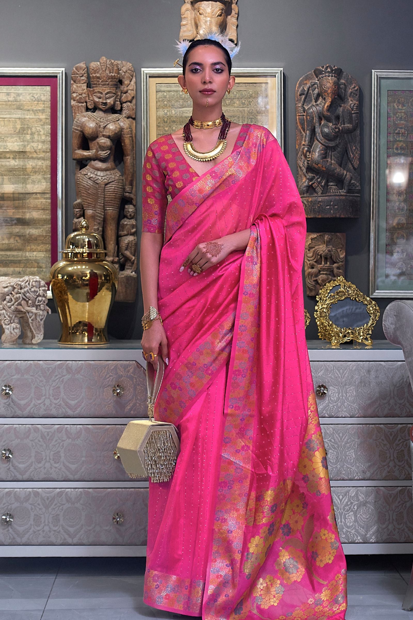 Hot Pink Sequins Work Floral Border Organza Saree