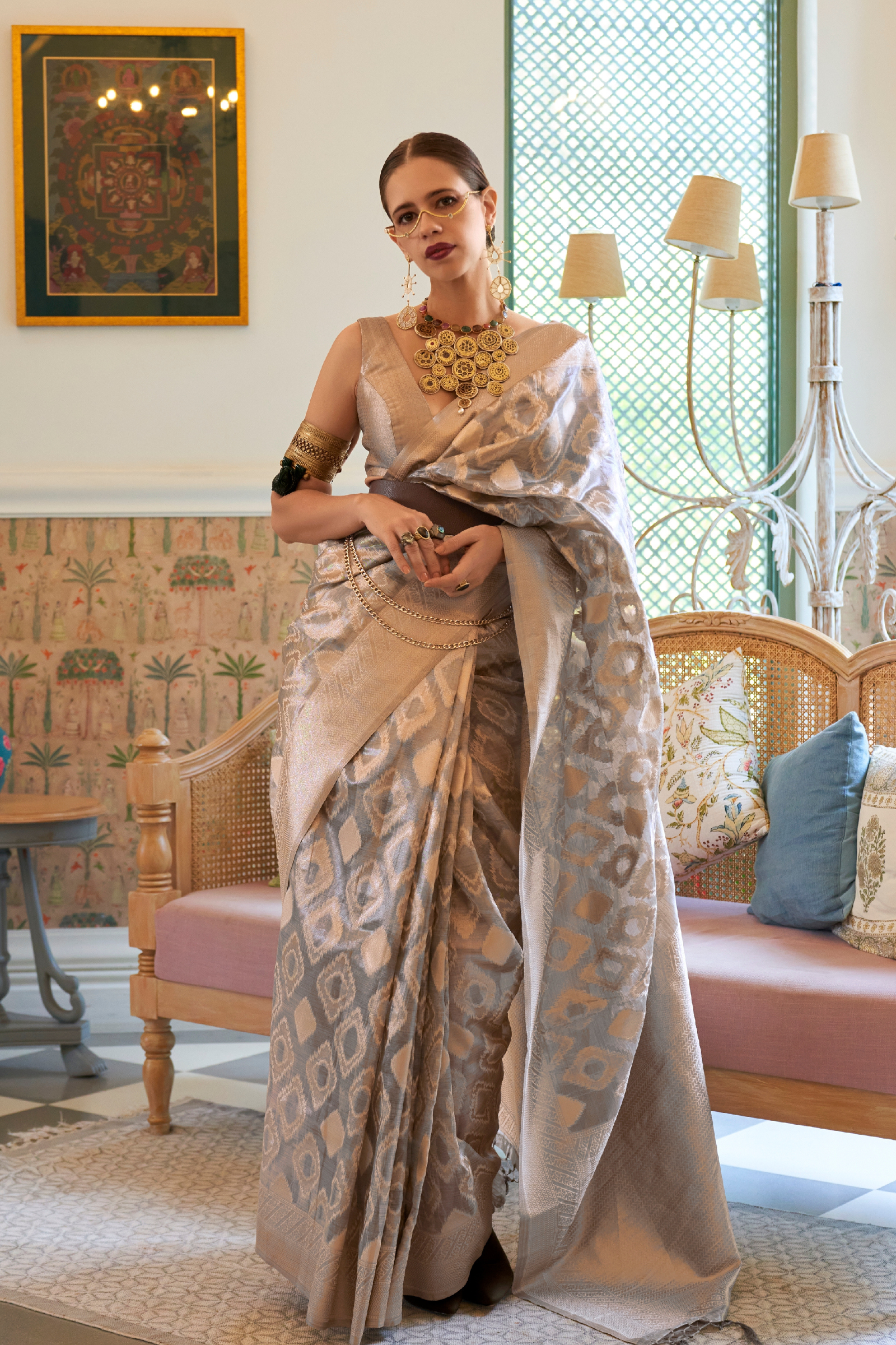 Gray Multi Zari Tissue Saree