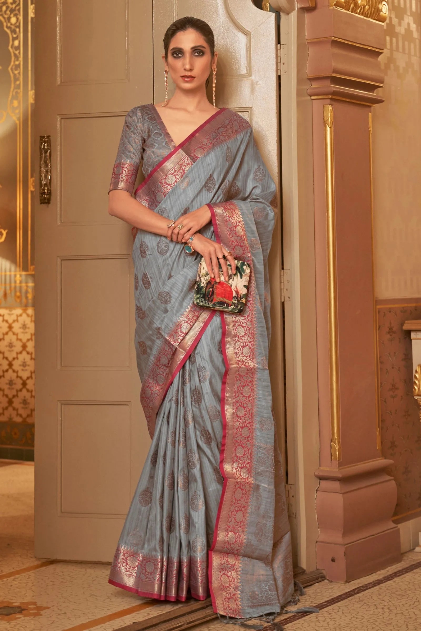 Gray Zari Woven Tussar Silk Saree