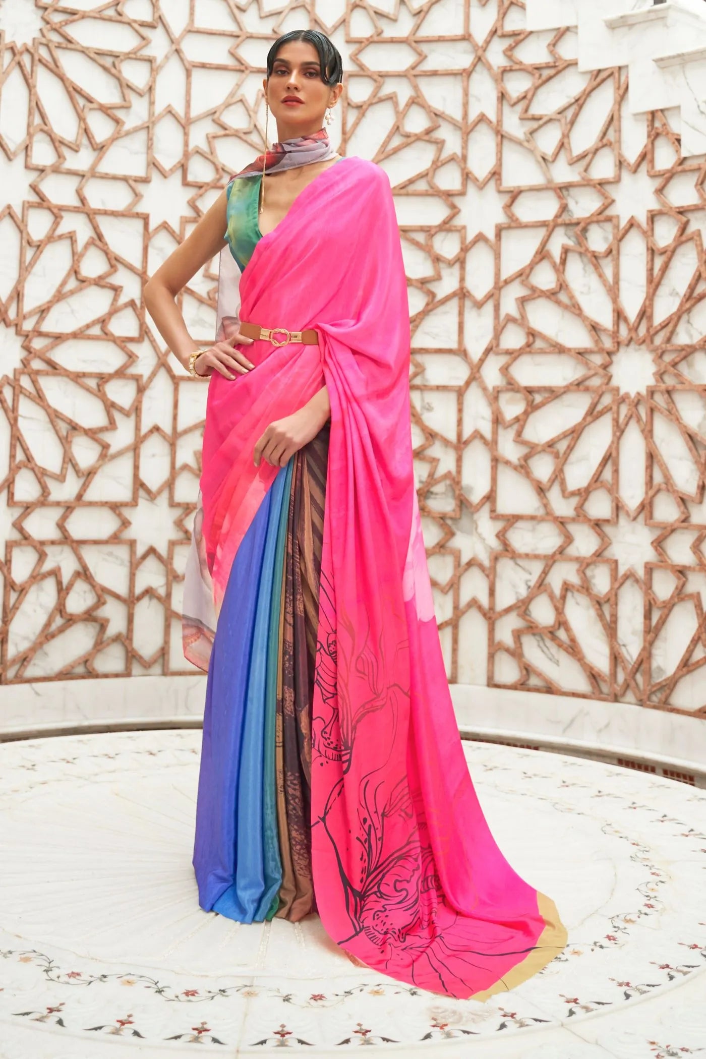 Hot Pink Kalamkari Printed Crepe Saree