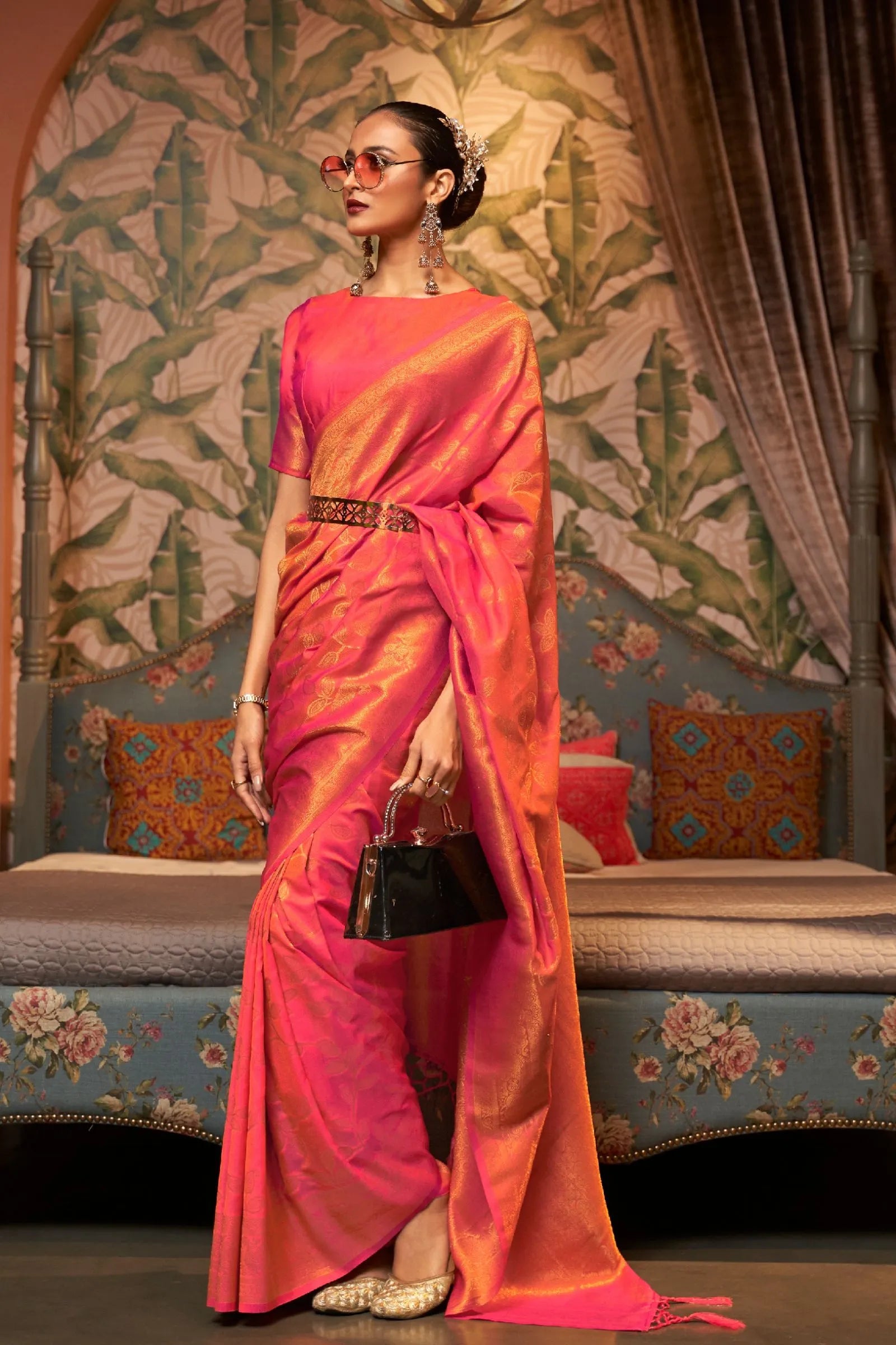 Peach Leaf Printed Chinon Silk Saree