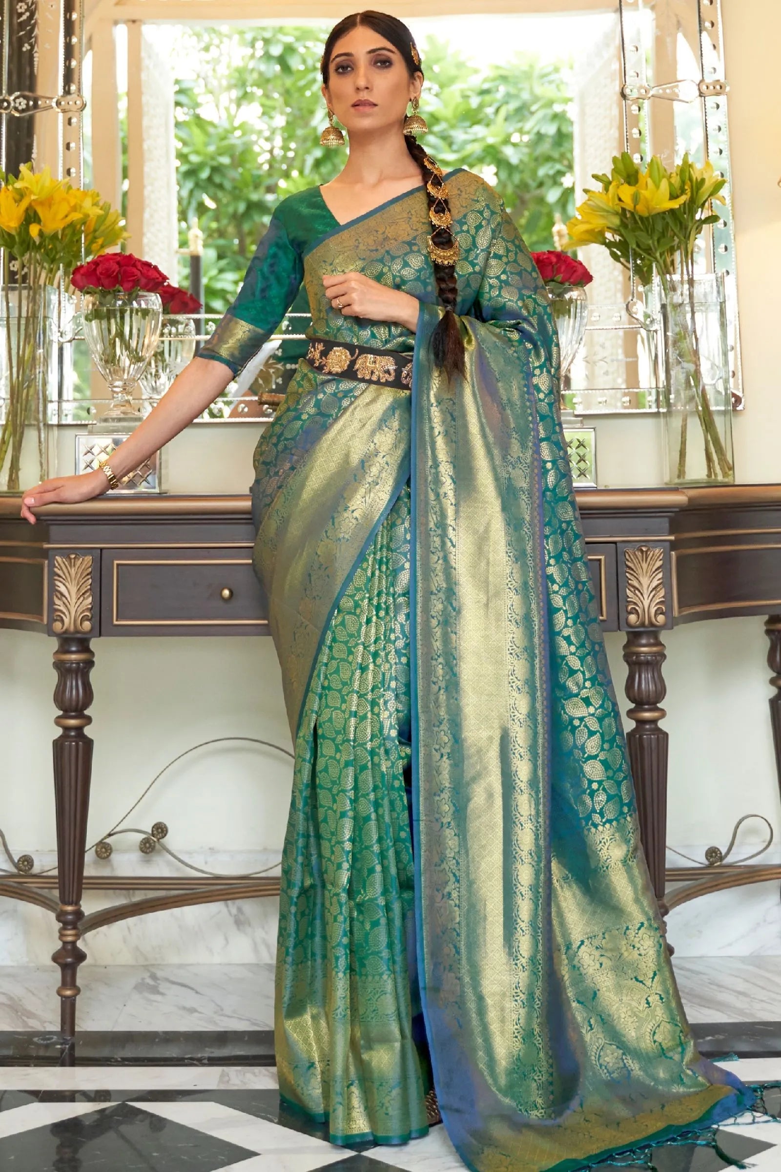 Dark Green Zari Woven Silk Saree