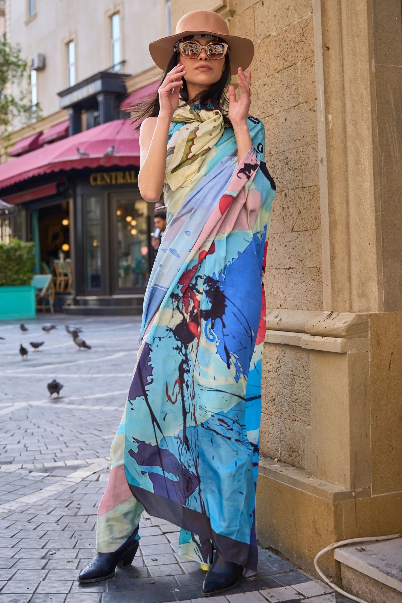 Shaded Blue Digital Print Crepe Saree