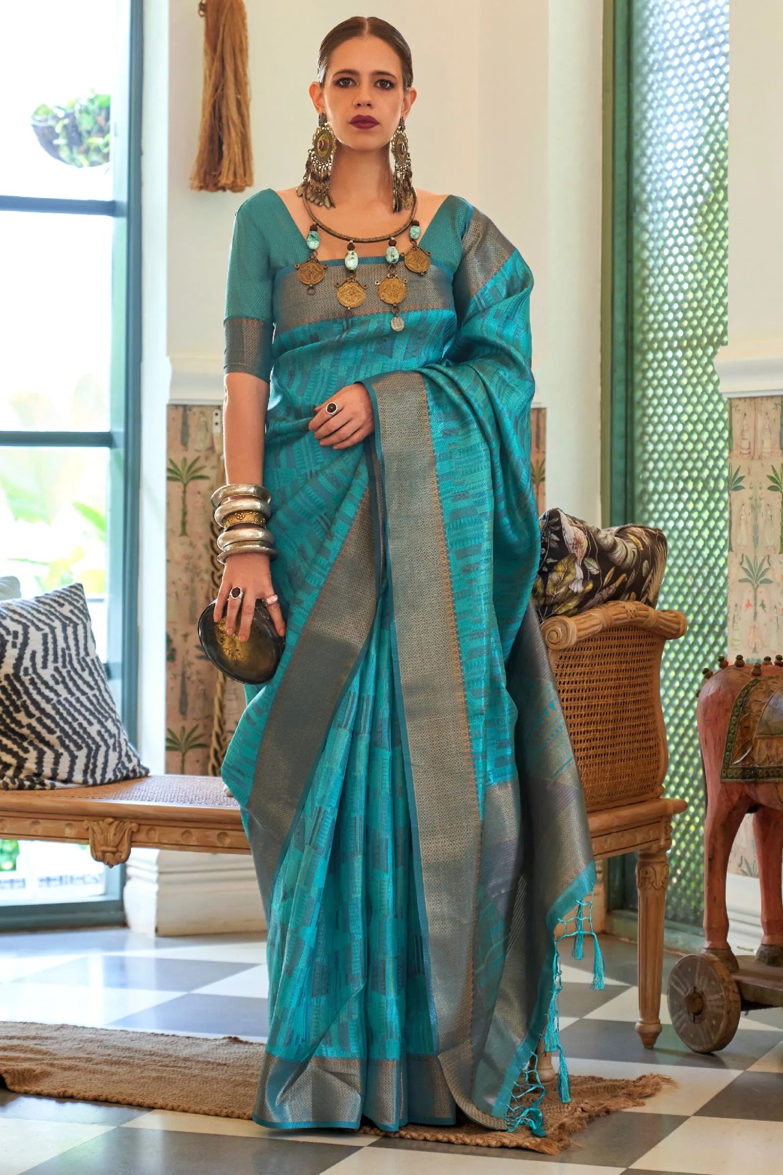 Ocean Blue Double Tone Weaving Organza Saree