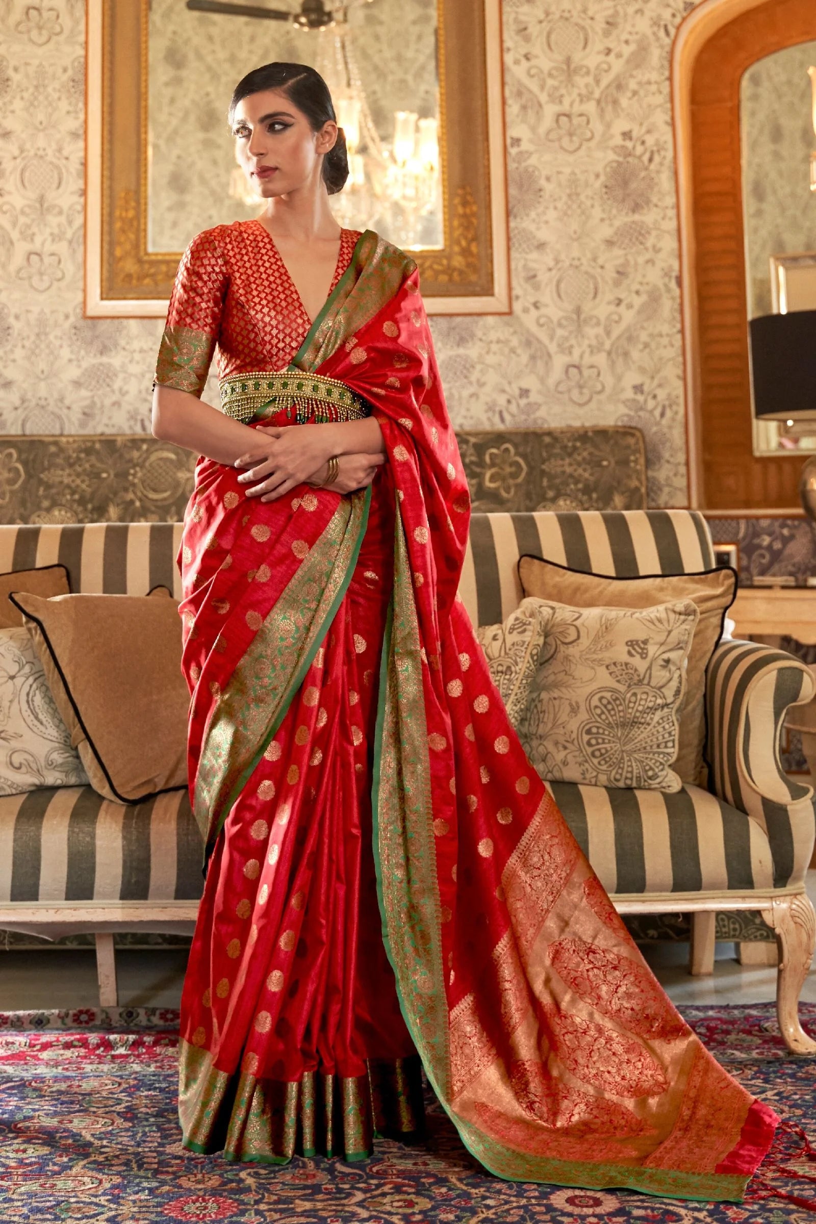 Red Zari Work Tussar Silk Saree