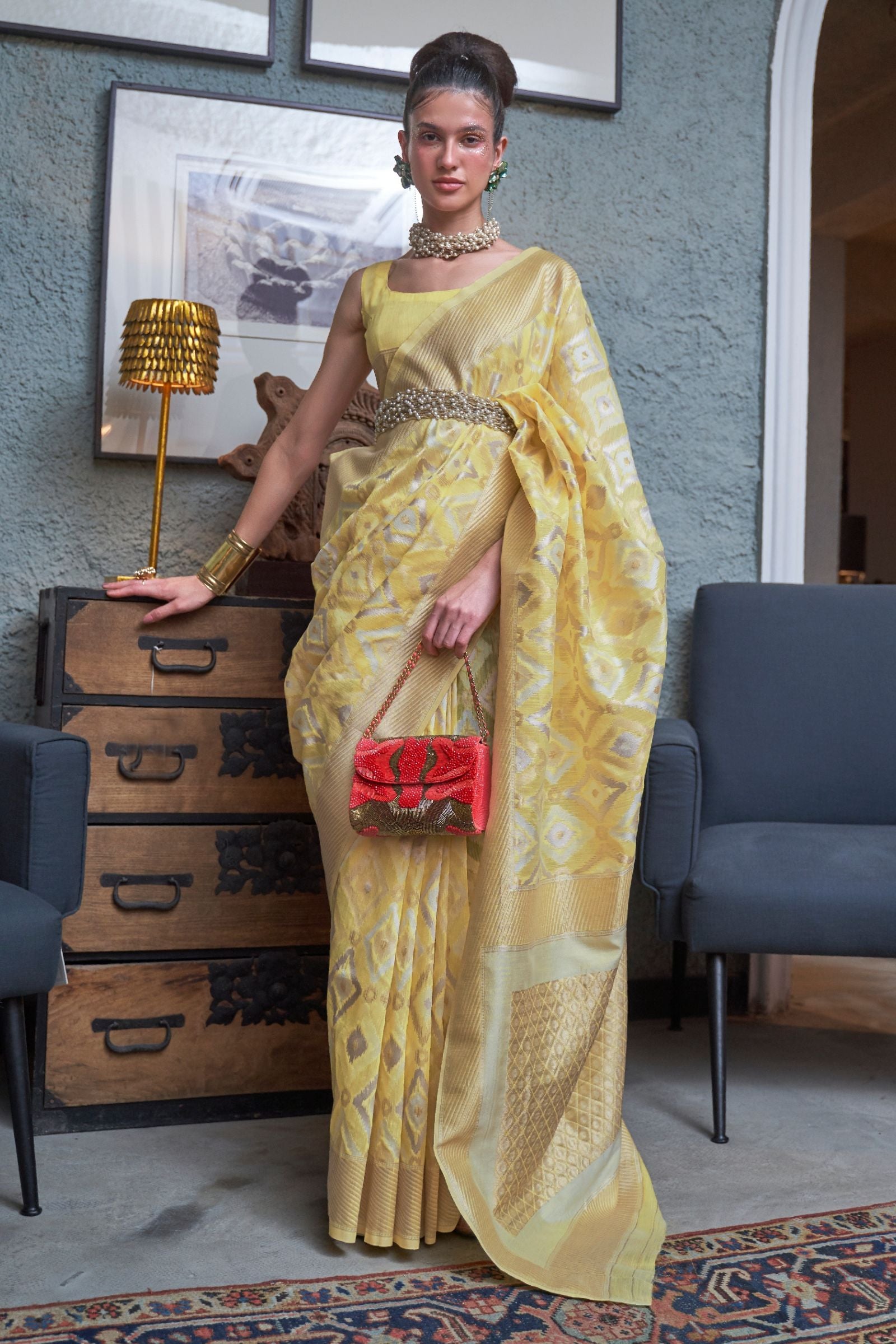 Lemon Yellow Zari Woven Linen Saree