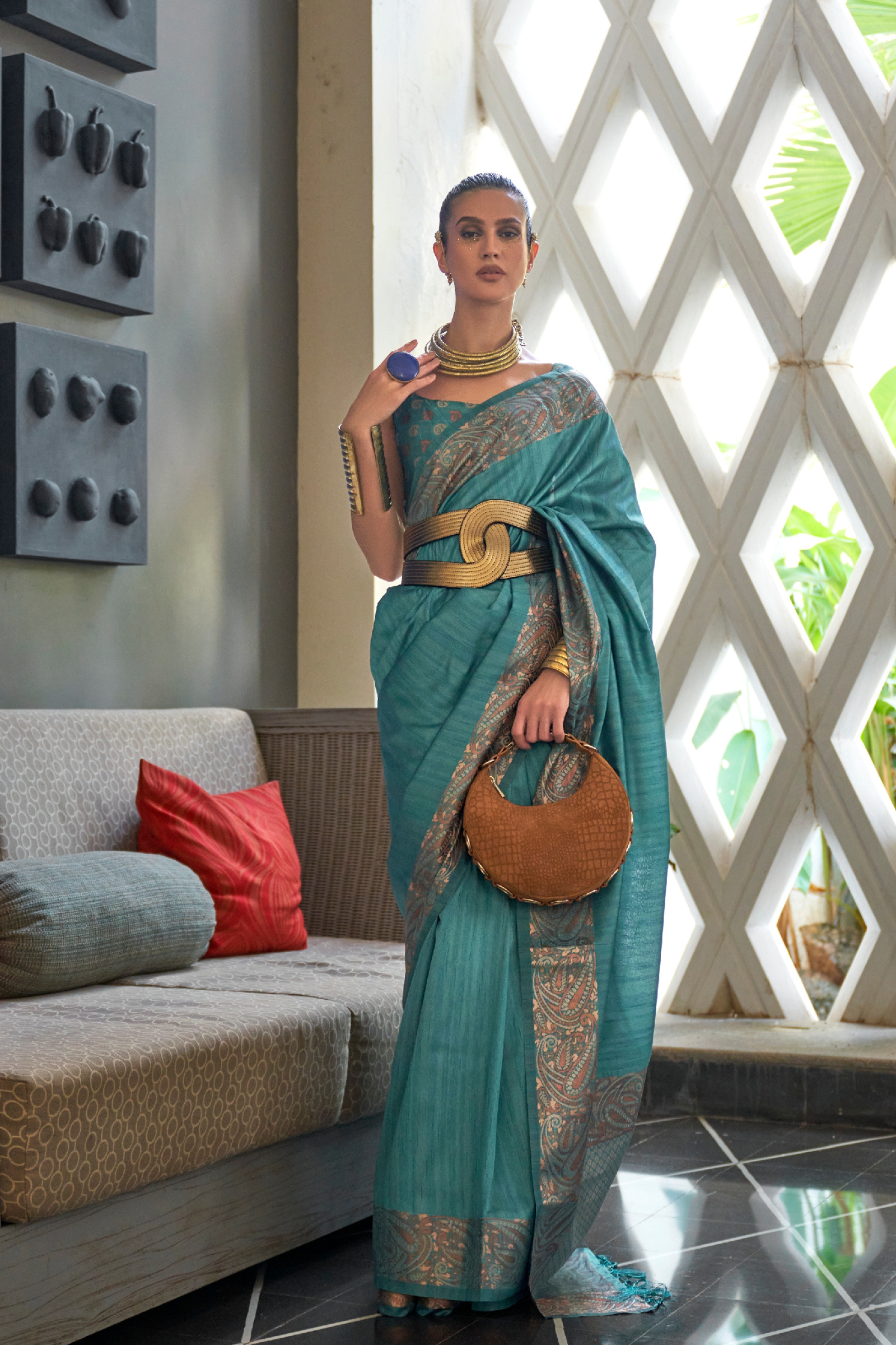 Light Blue Copper Zari Border Tussar Silk Saree