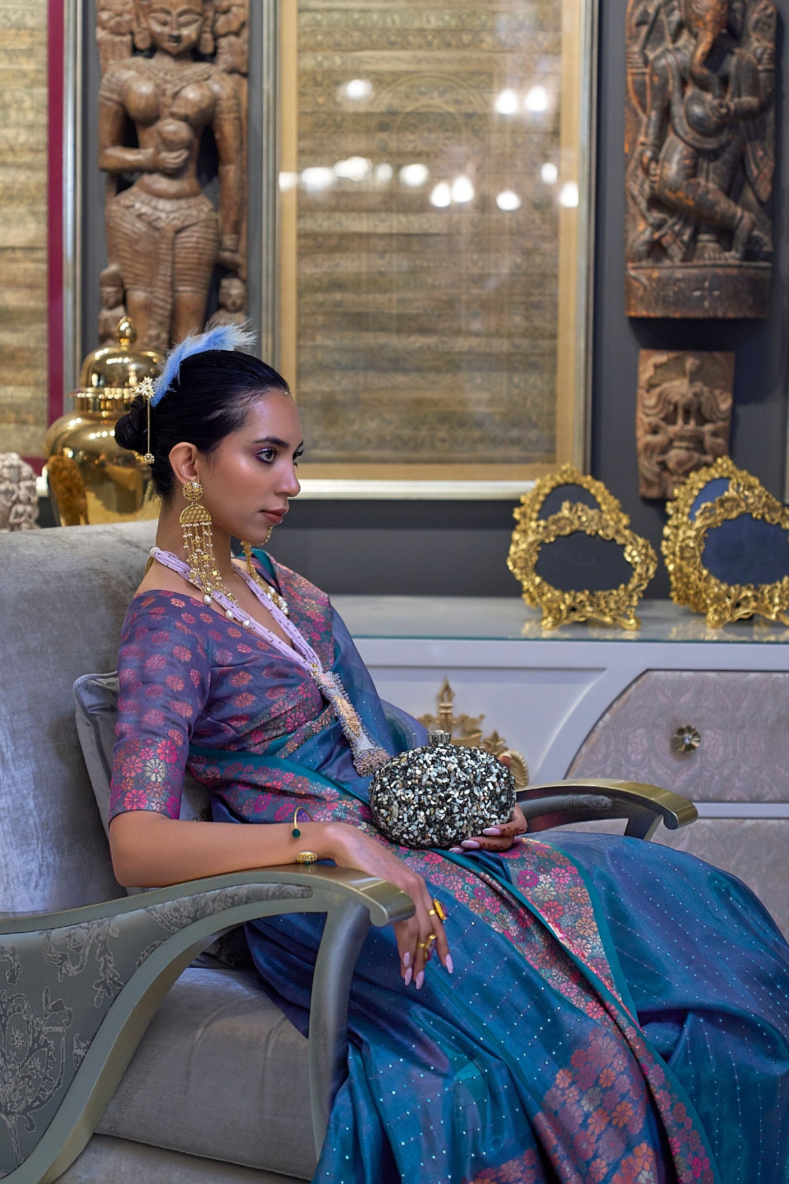 Blue Sequins Work Floral Border Organza Saree