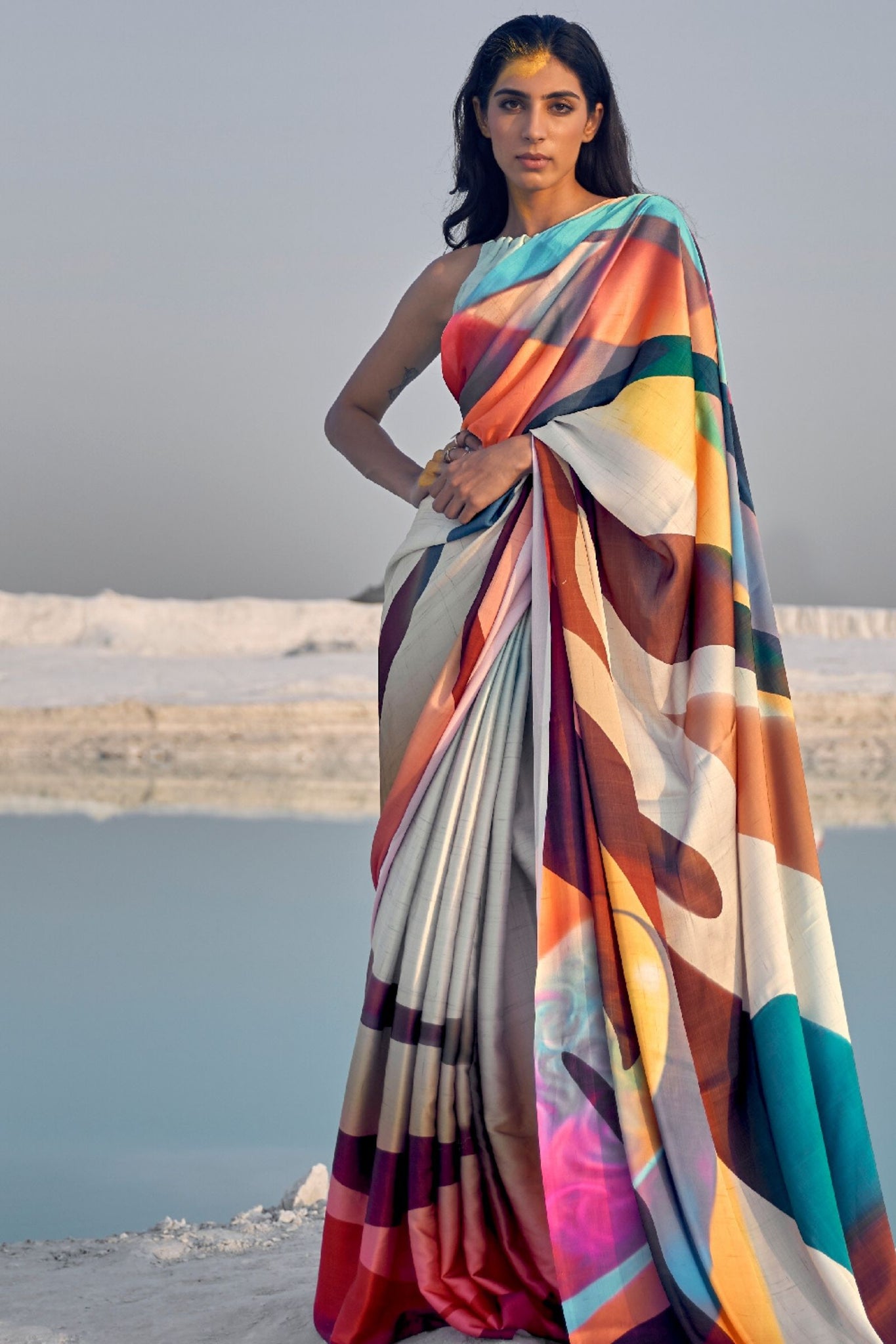 Multicolor Printed Satin Saree