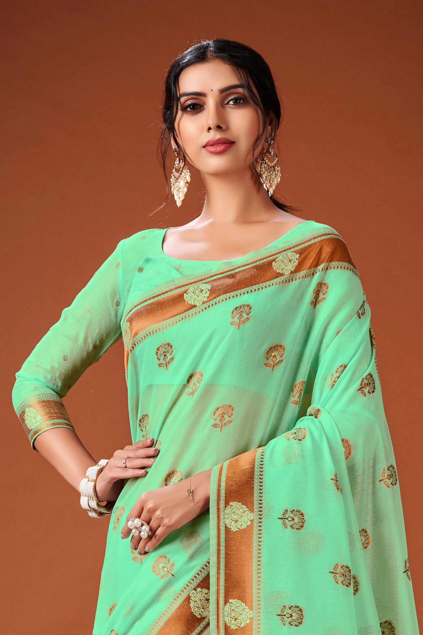 Sea Green Cotton Silk Saree with Copper Zari