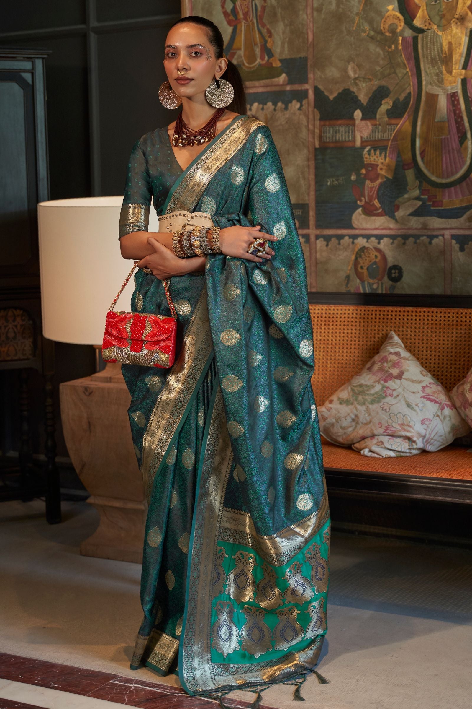 Teal Blue Pure Satin Tanchoi Saree