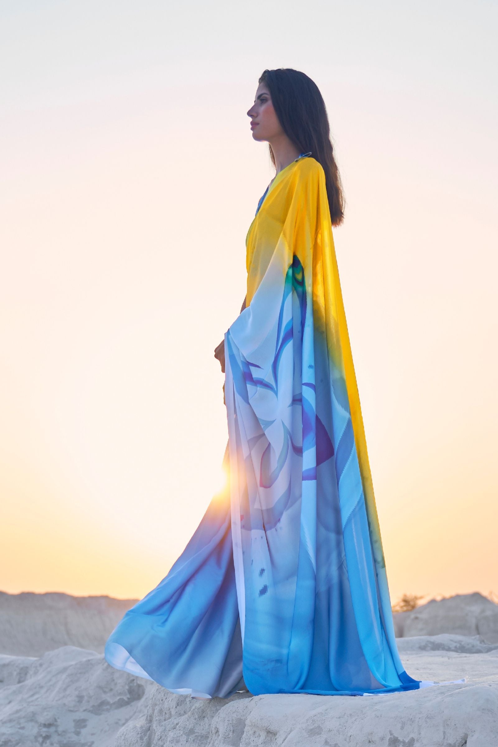 Yellow Blue Printed Satin Saree