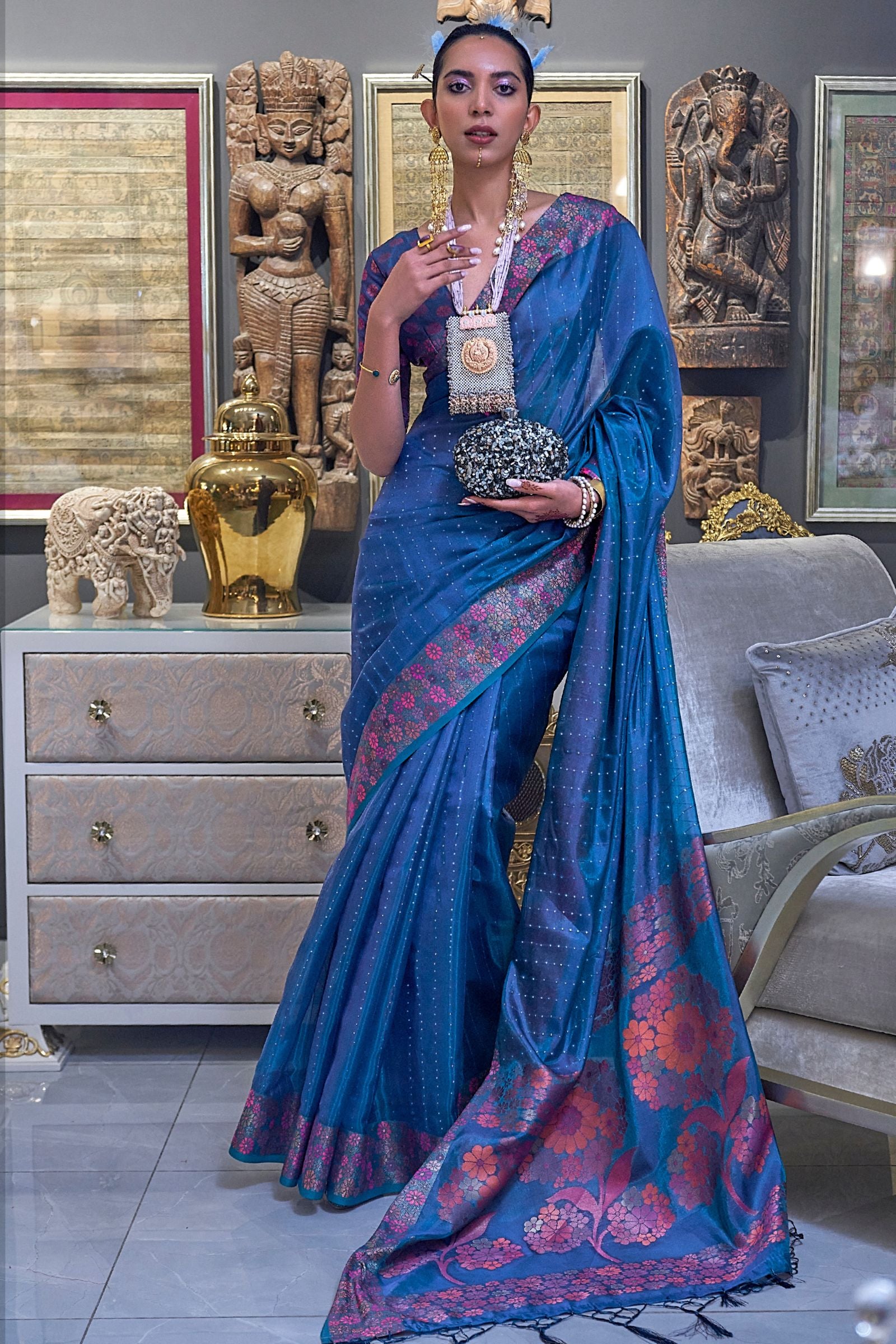 Blue Sequins Work Floral Border Organza Saree