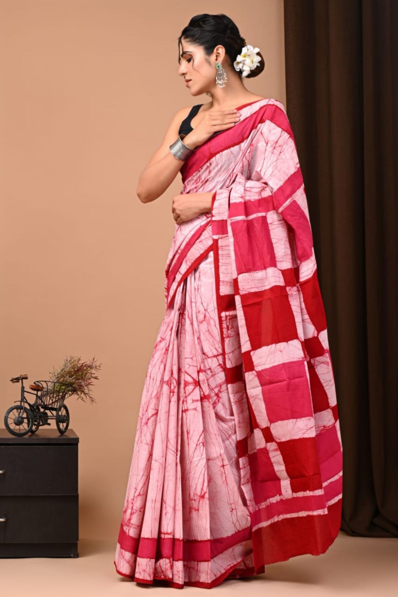 Light Pink Handblock Printed Cotton Mulmul Saree