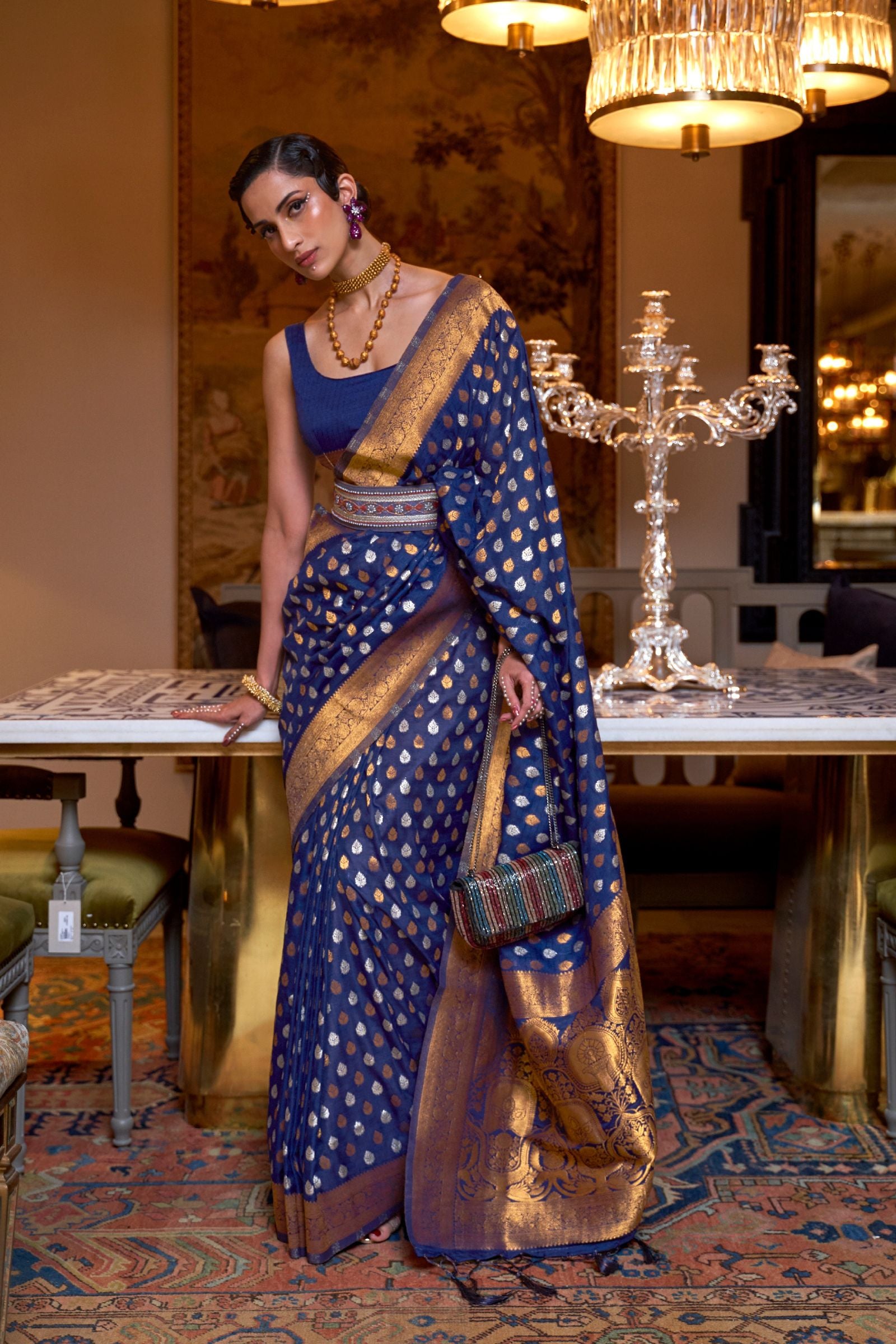 Navy Blue Copper Zari Woven Khadi Silk Saree