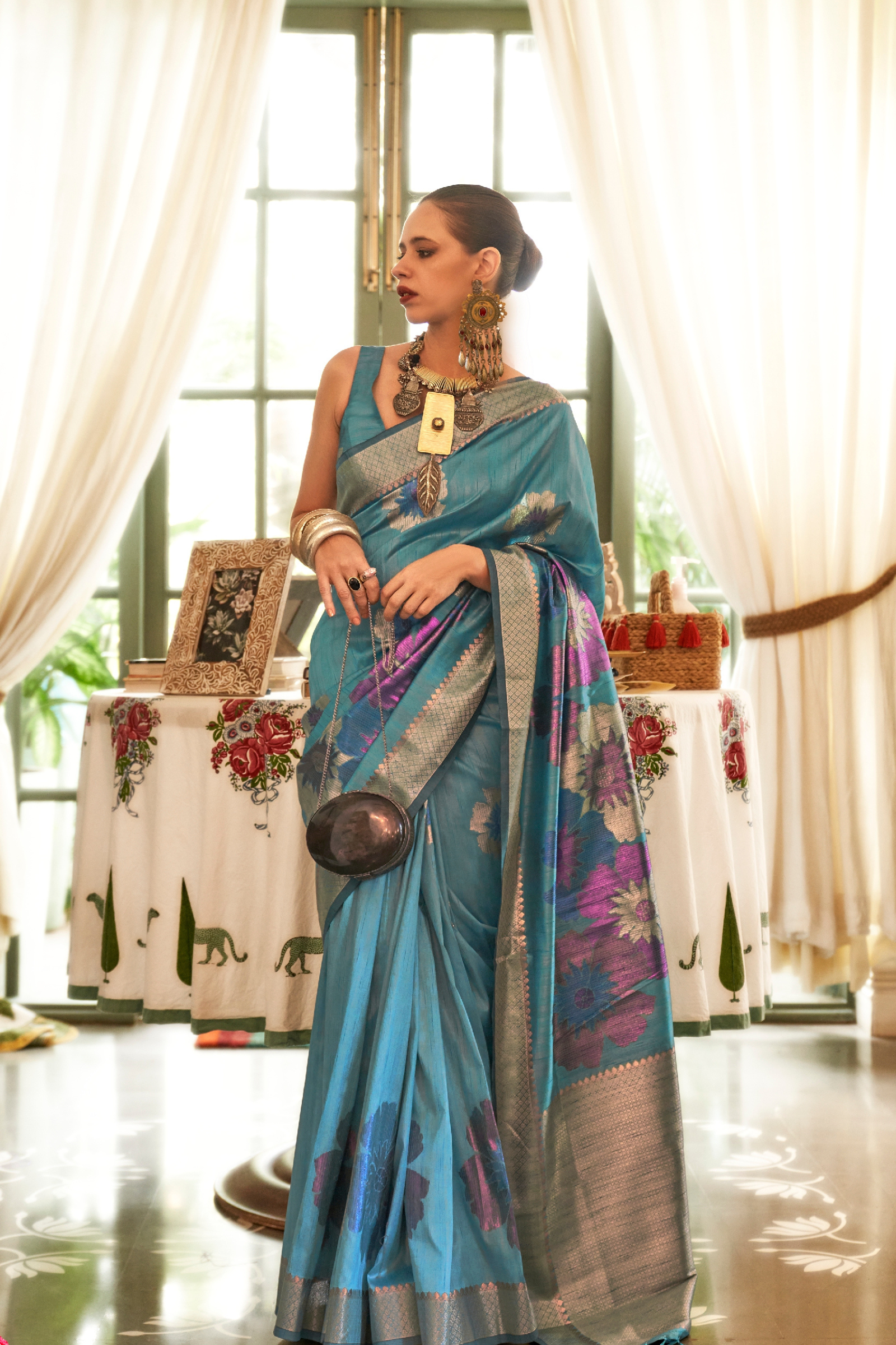 Steel Blue Multi Colored Zari Silk Saree