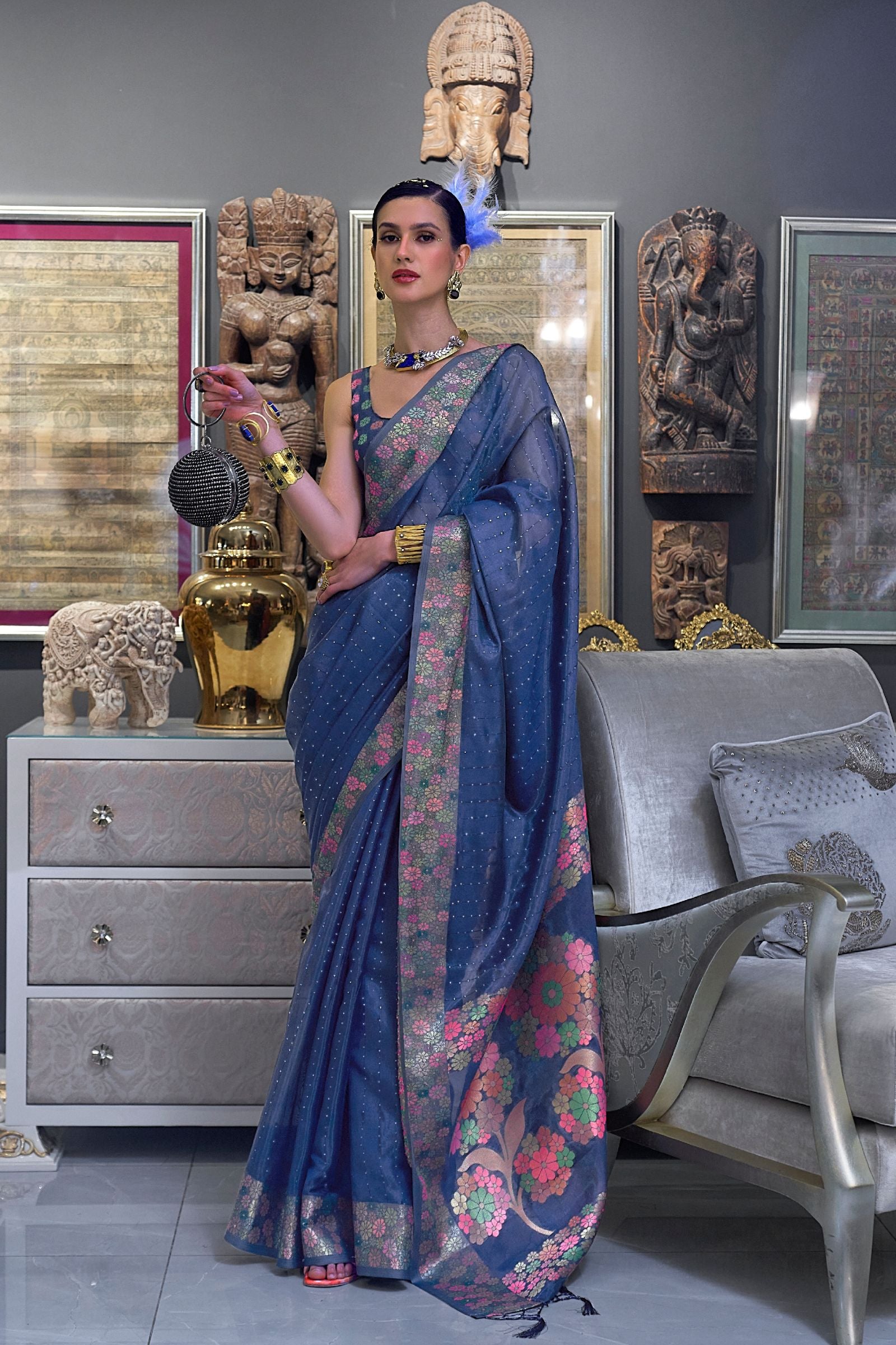 Slate Blue Sequins Work Floral Border Organza Saree