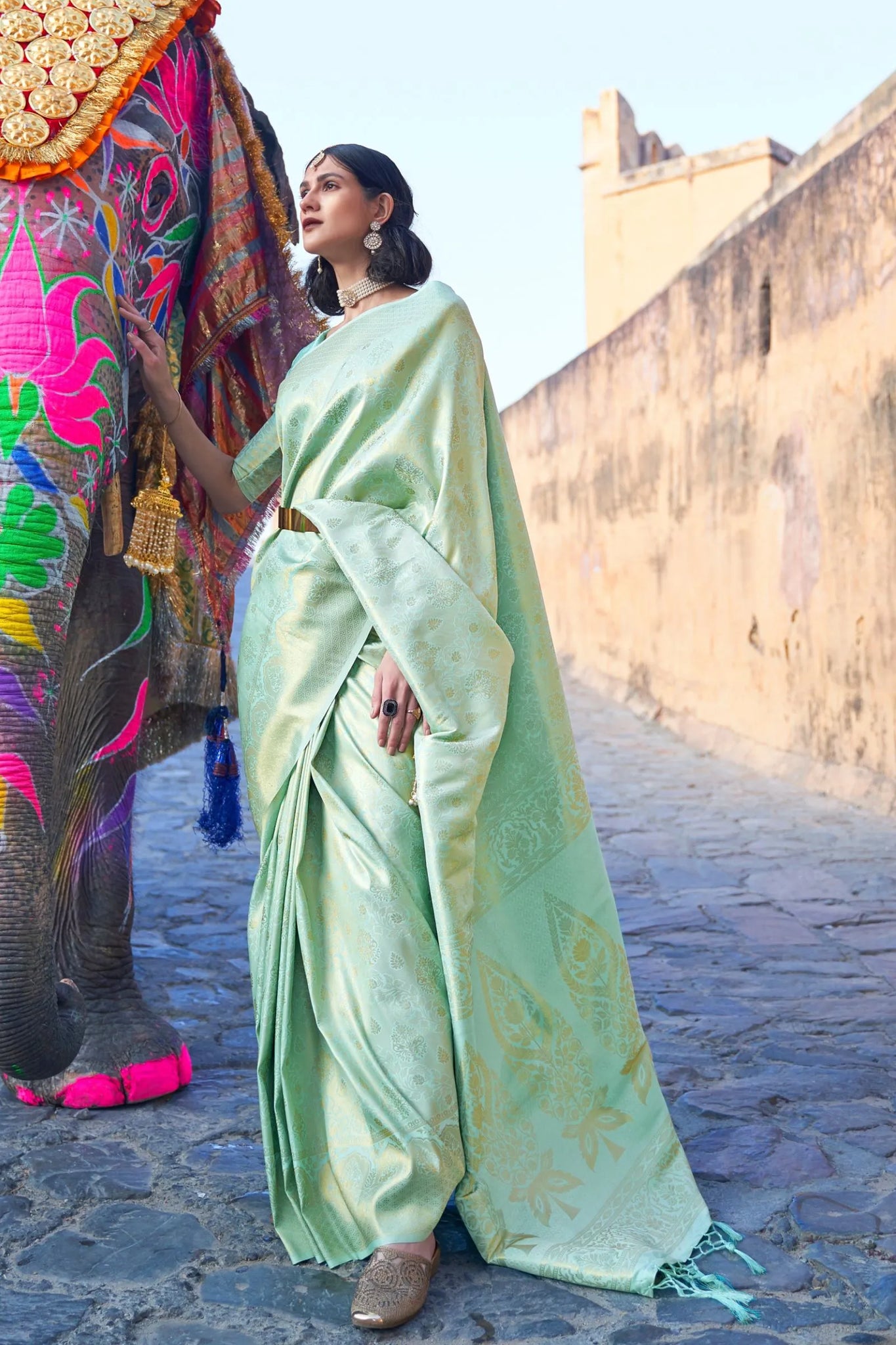 Mint Green Zari Woven Silk Saree
