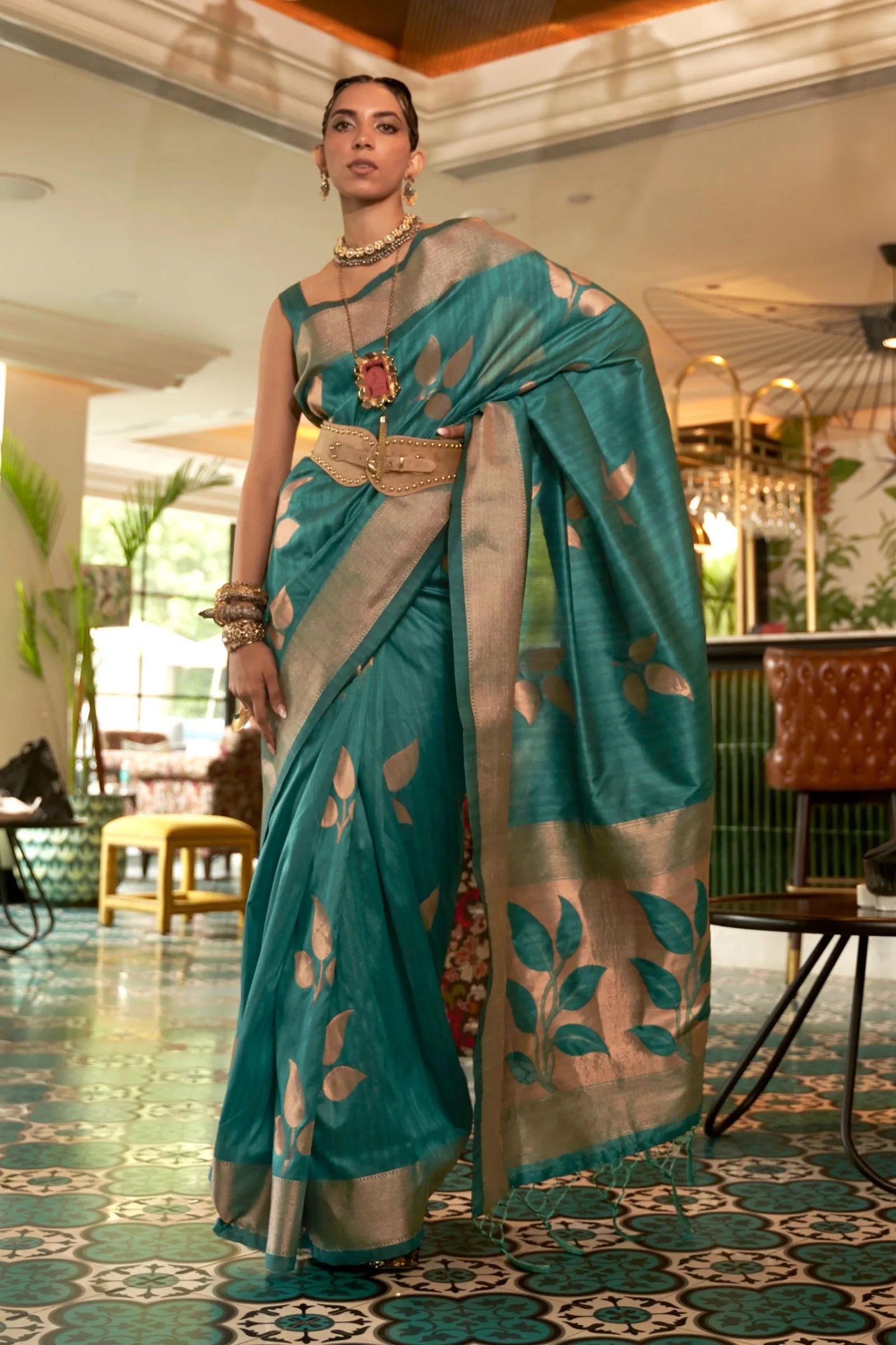 Teal Blue Copper Leaves Tussar Silk Saree