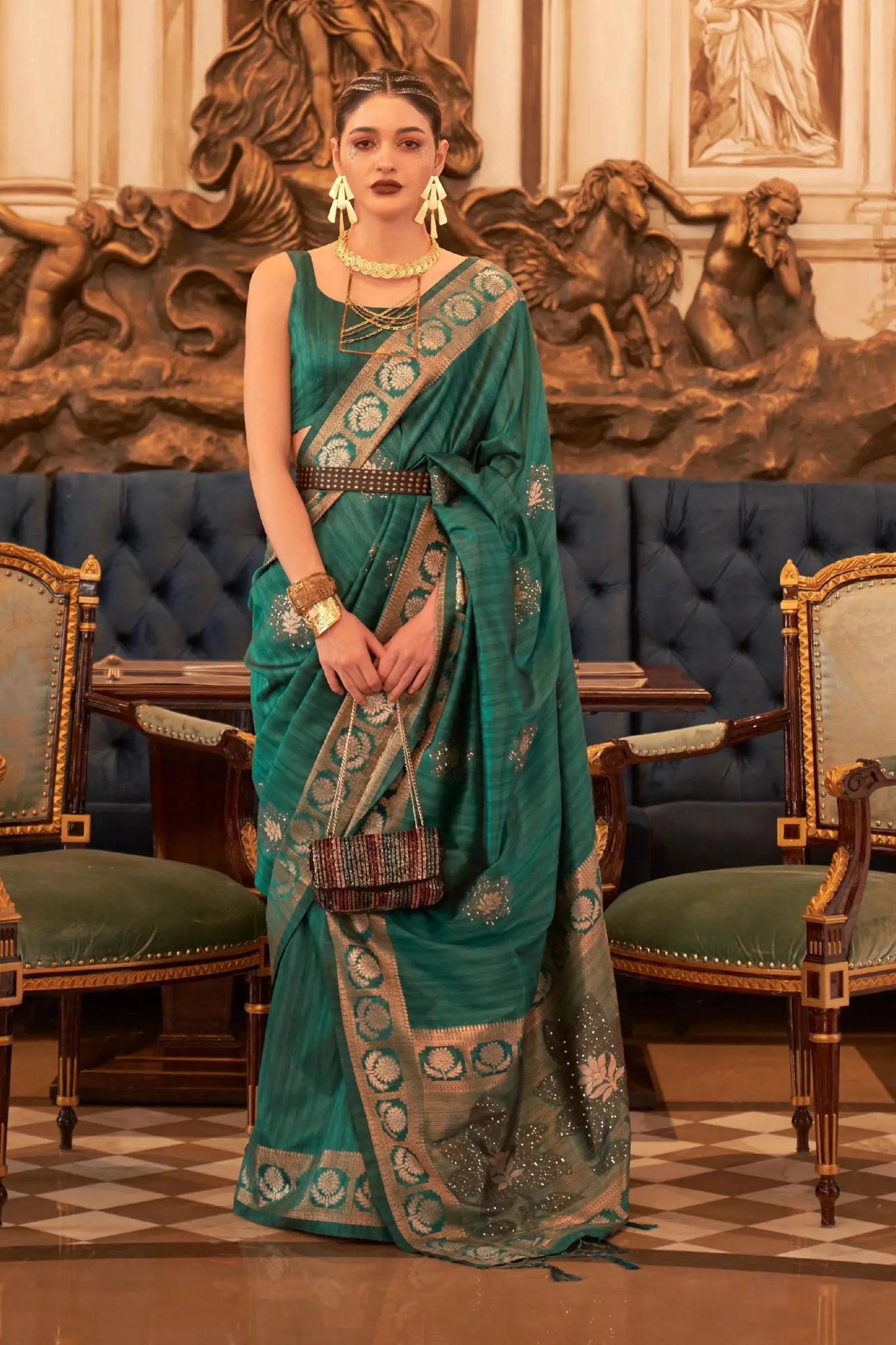 Rama Green Sequins Tussar Silk Saree