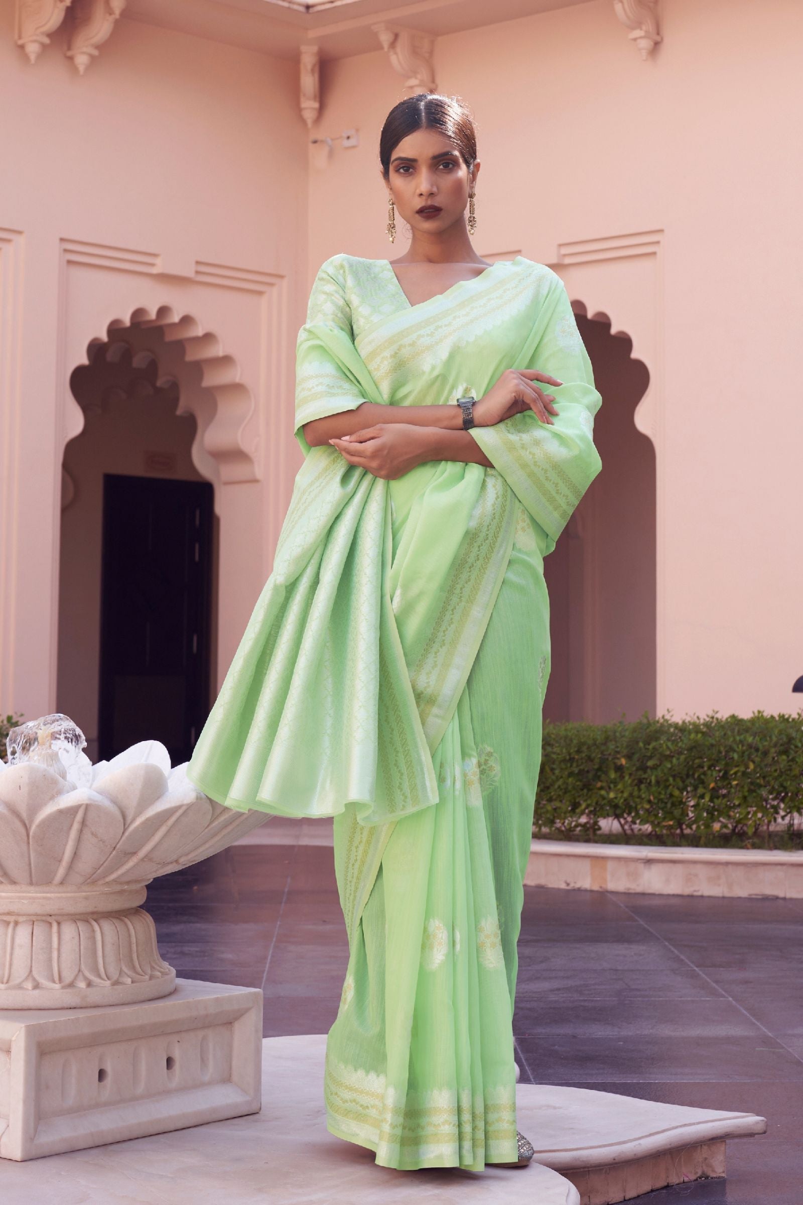 Mint Green Zari Motif Linen Saree