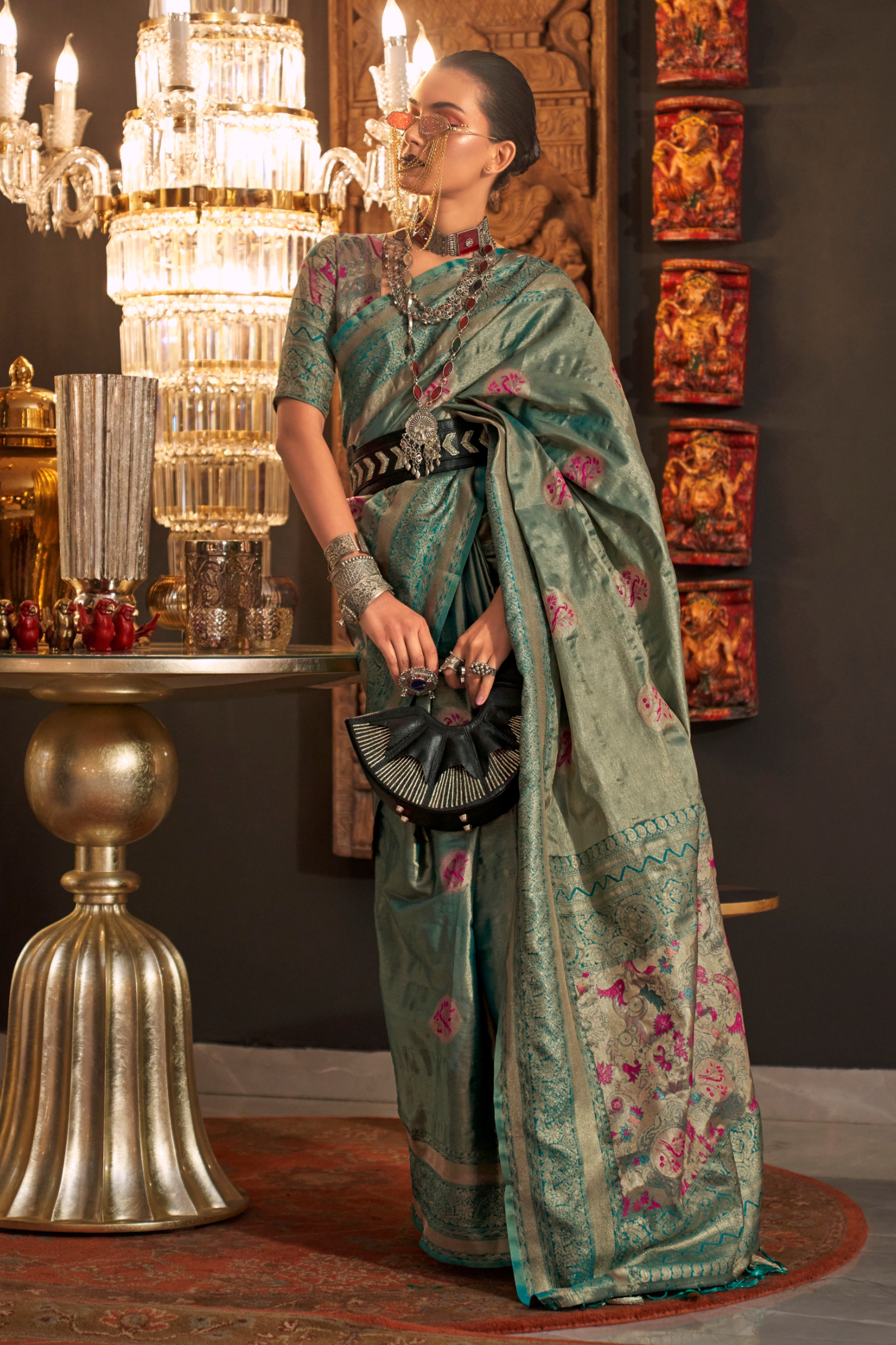 Teal Blue Zari Base Silk Saree